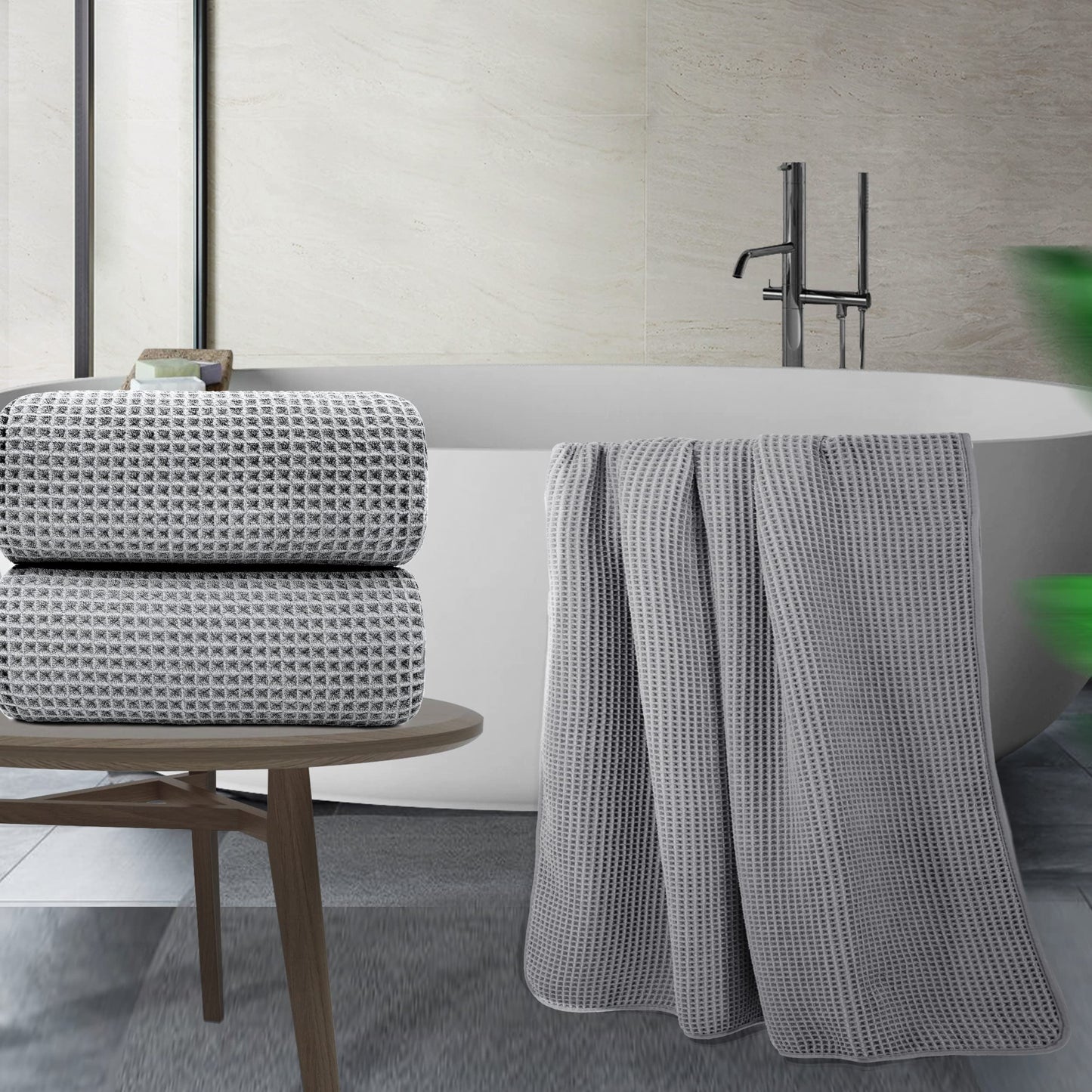POLYTE Microfibre Quick Dry Lint Free Bath Sheet, 89 x 178 cm, Set of 2 (Gray, Waffle Weave)
