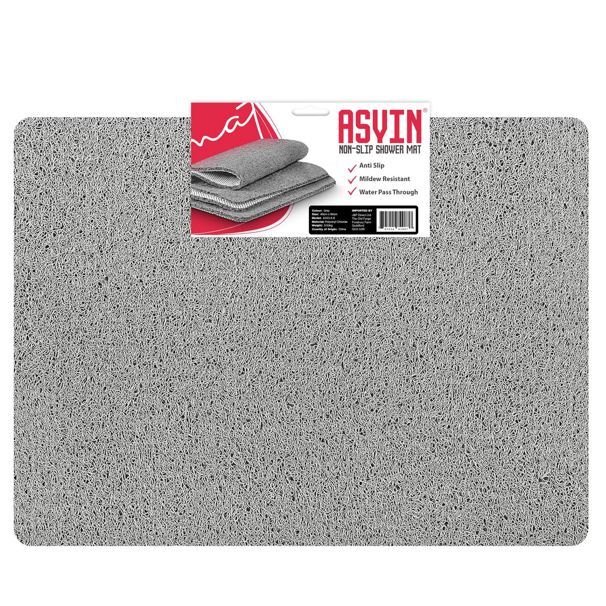 Asvin Large Anti Slip Bath & Shower Mat for Inside Shower & Wet Areas (60x80cm Grey) Quick Drying