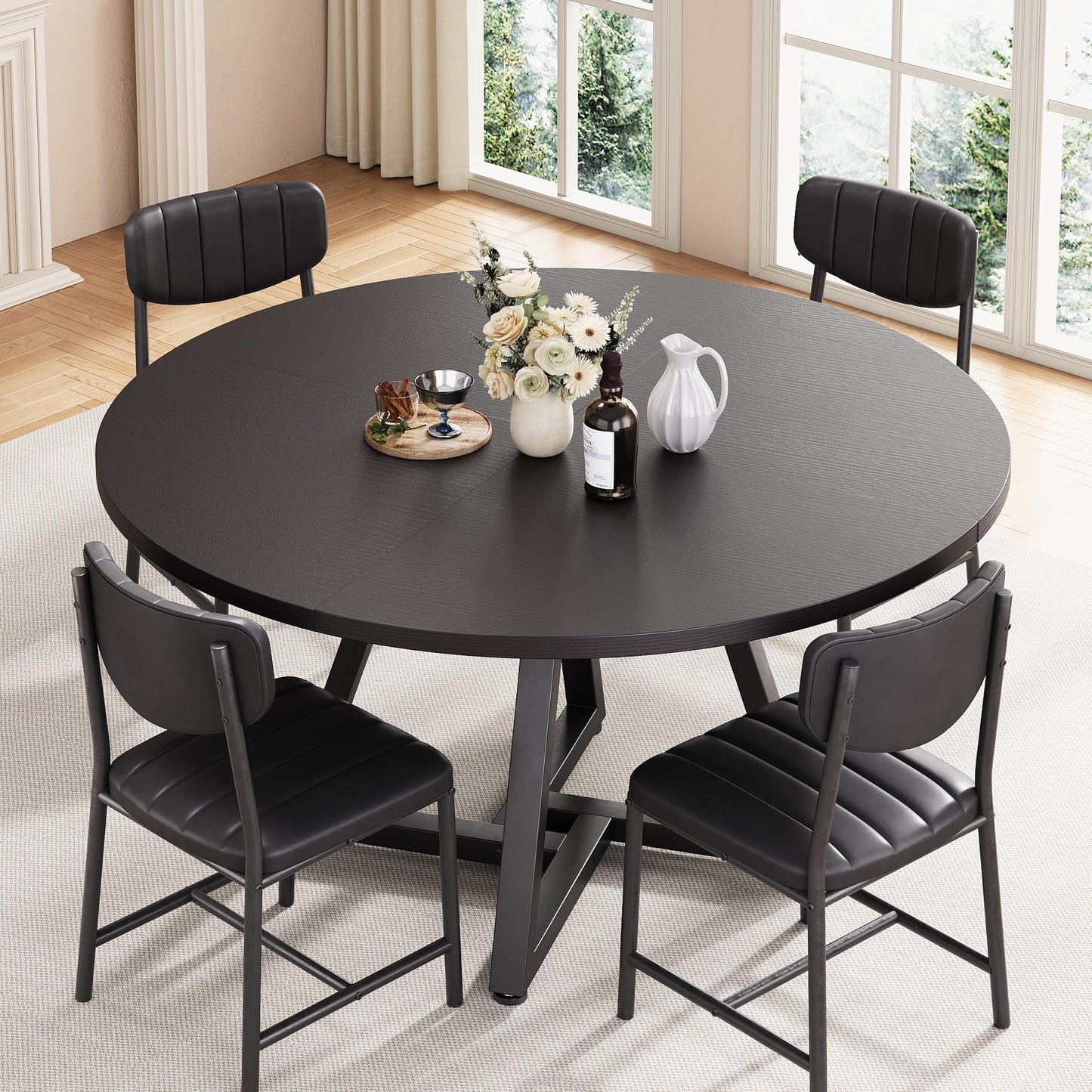 Jocoevol Round Kitchen Dining Table for 4 People, Circle Dinner Table with Metal Frame, Space Saving Wood Industrial Furniture (Black, 47 inch
