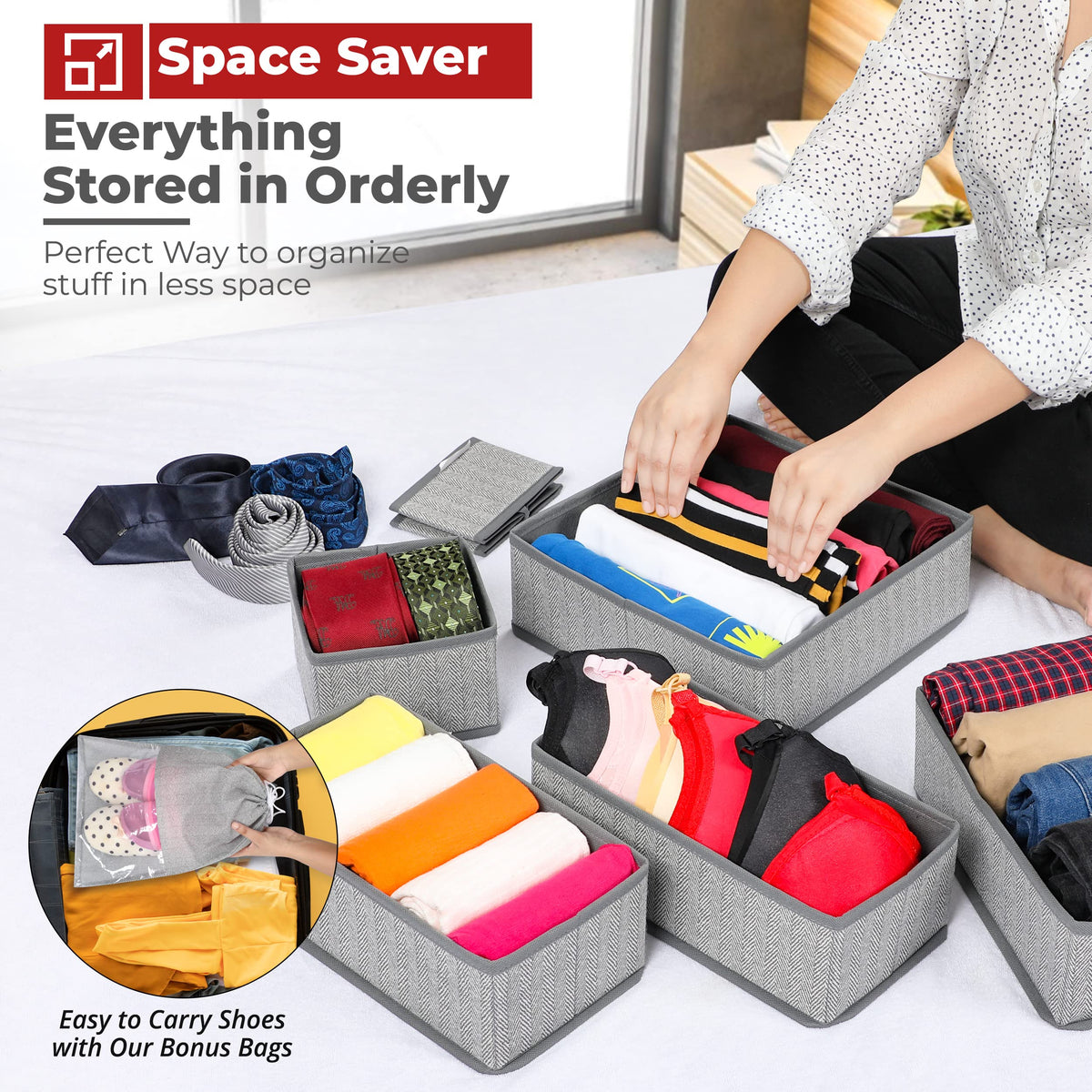 Faustyle Drawer Organisers – Pack of 6 wardrobe storage organizer with Sturdy Fabric & Foldable Cardboard Inserts - Organiser storage for Underwear