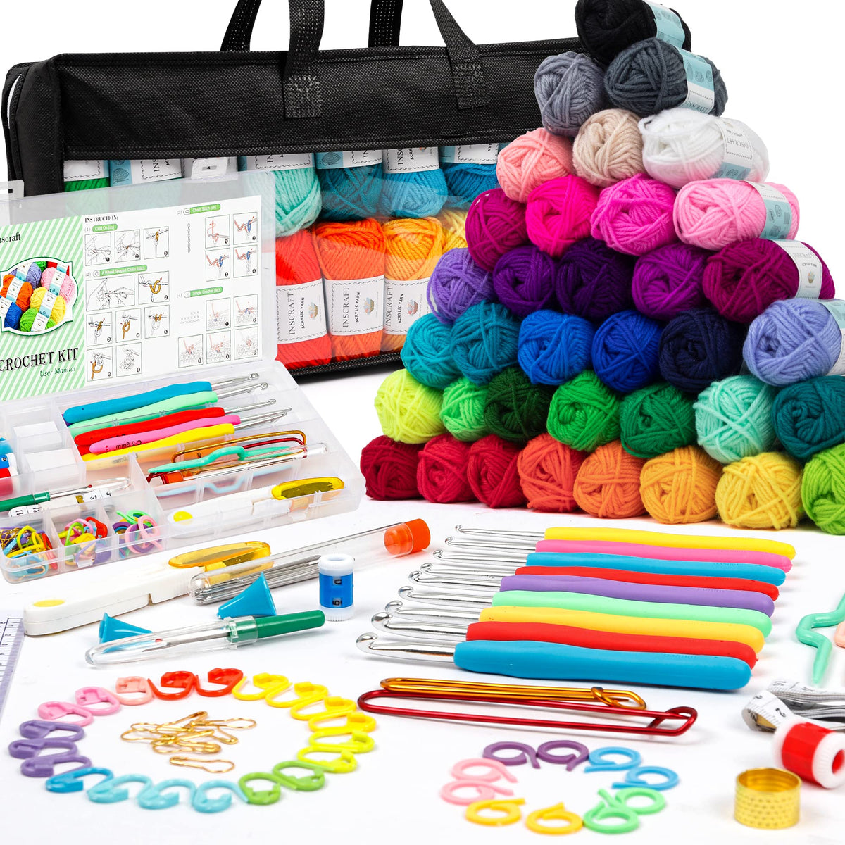 Inscraft Crochet Yarns Kit for Beginners Adults, 40 Acrylic Yarns Set for Crocheting, 1600 Yards Knitting Yarn Bag Kit, 73PCS Crochet Accessories Set