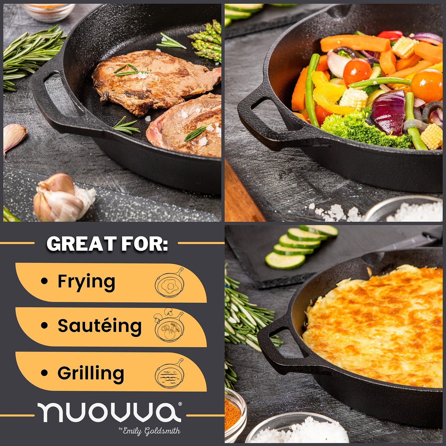 nuovva 2pcs Cast Iron Skillet Set Pre Seasoned Skillet Frying Pan Oven Safe Grill Cookware Set for Outdoor & Indoor Use (Chef Set 10-inch 25cm