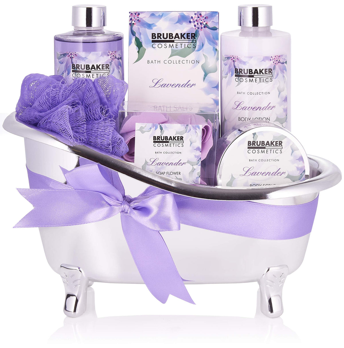 BRUBAKER Cosmetics Bath and Shower Set Lavender - 7-piece Gift Set in Decorative Tub