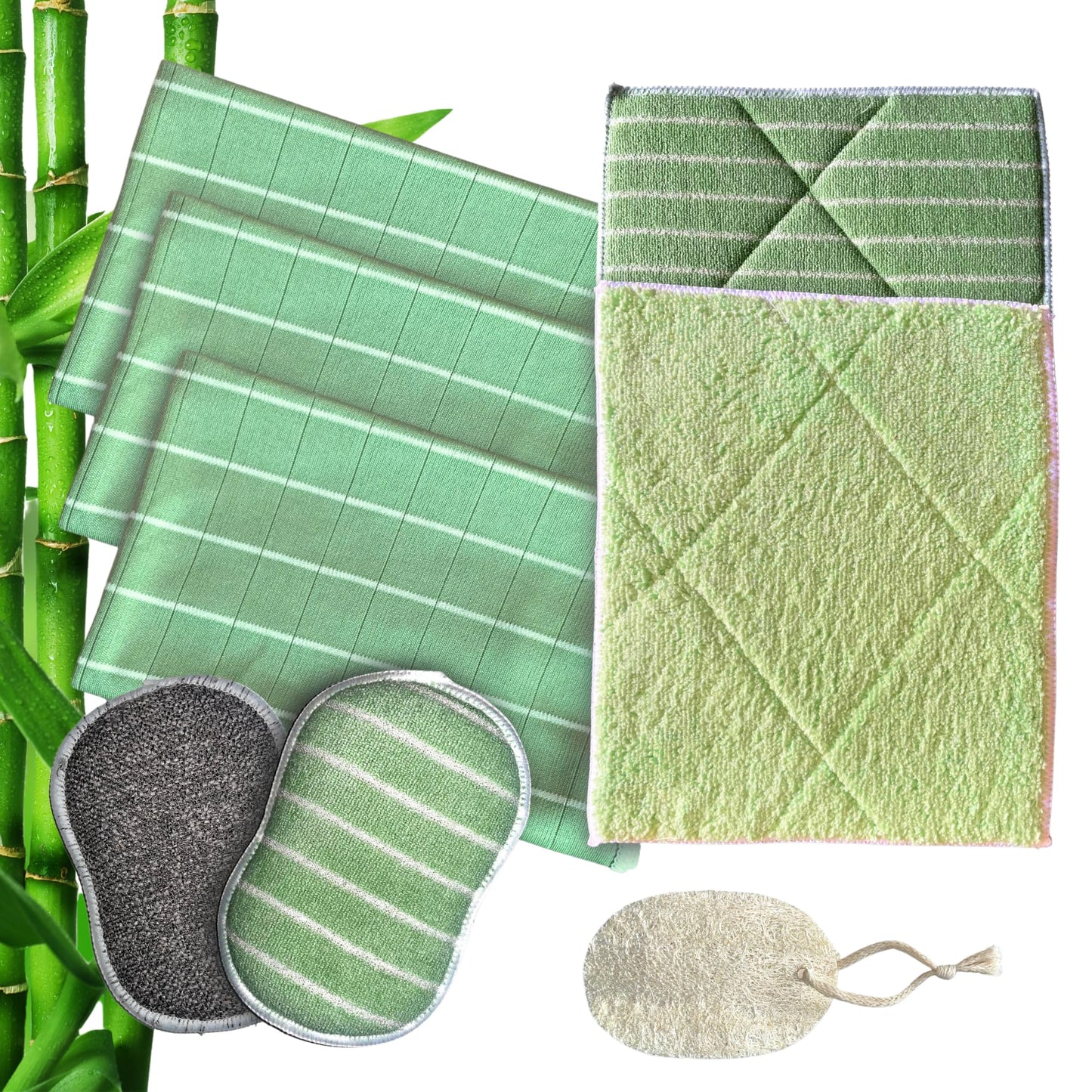 Microfibre Bamboo Cloth 8 Pieces with 3 Sponges for Cleaning Windows, Worktop, Induction Hob, Dishware, Car, Glasses and Cloths Washable Sponge +