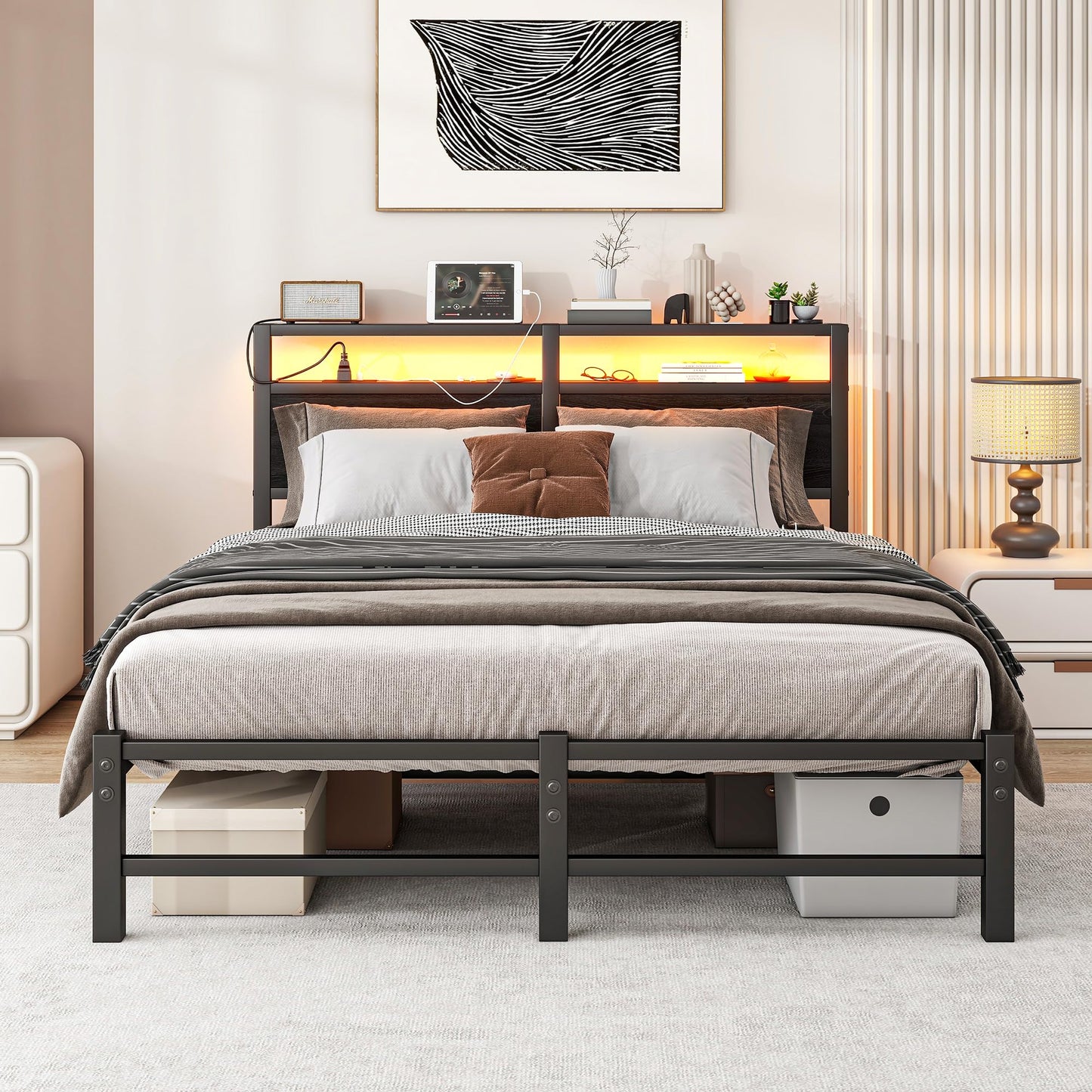 VERFARM Double Bed Frames with Wood Storage Shelf Headboard and Charging Station/LED Lights, Heavy Duty Metal Platform Bed Frame 4ft6 Double Bed, No