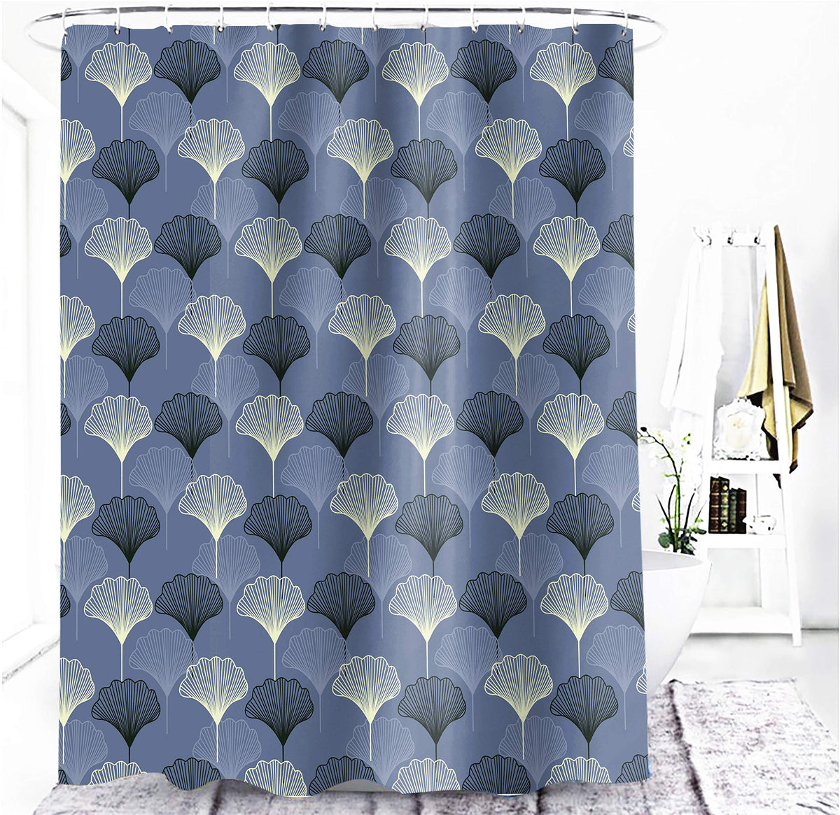 M&W DasDesign Shower Curtain Grey Blue Ginkgo Leaf Plants Bathroom Textile Curtain with Anti-Mould Effect Washable Shower Curtain Including 12 C-Rings