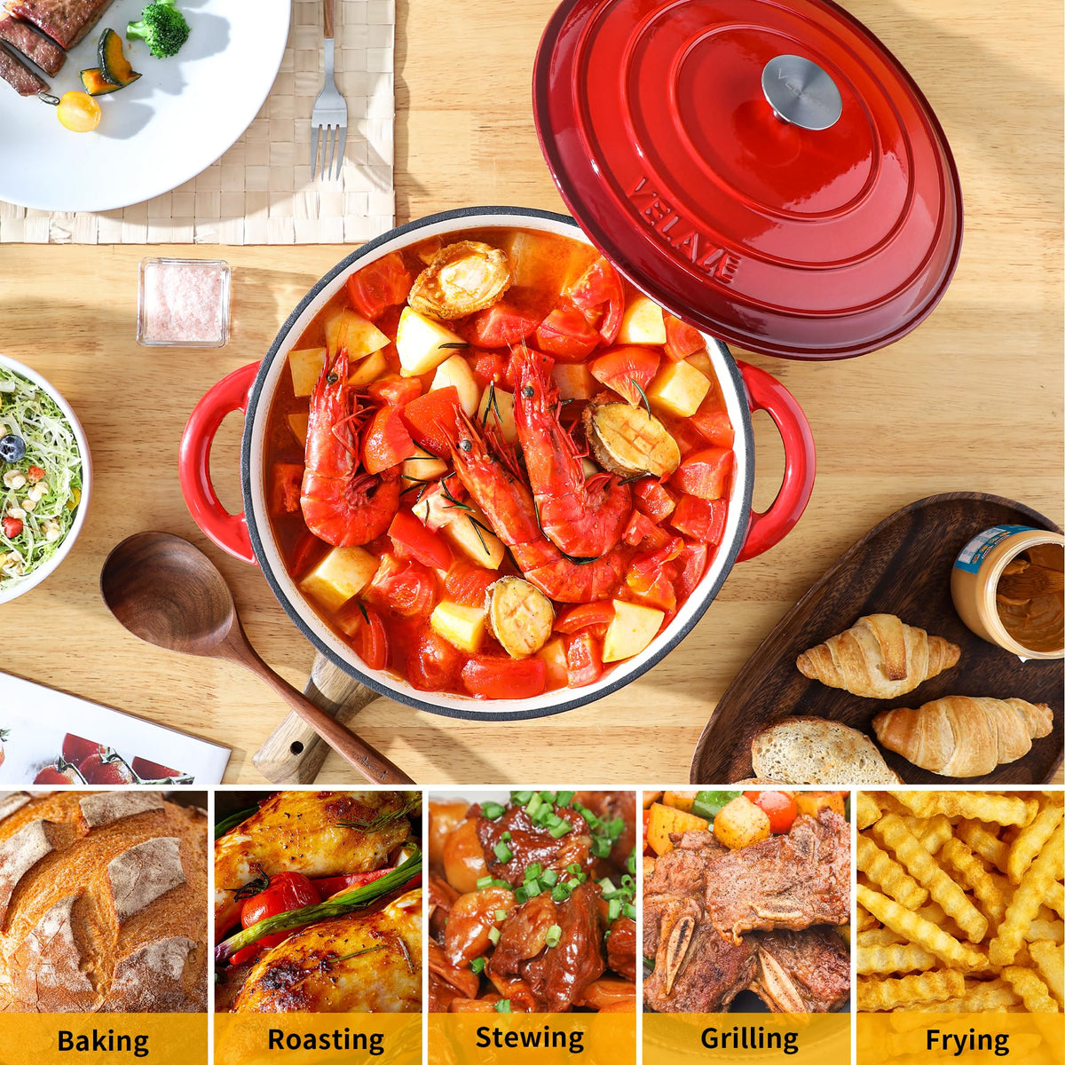 Velaze Casserole Dishes,Cast Iron Braiser With Lid, Non Stick Dutch Oven Pot,Heavy-Duty Round Cast Iron Pot, Sturdy Dutch Oven Cookware,