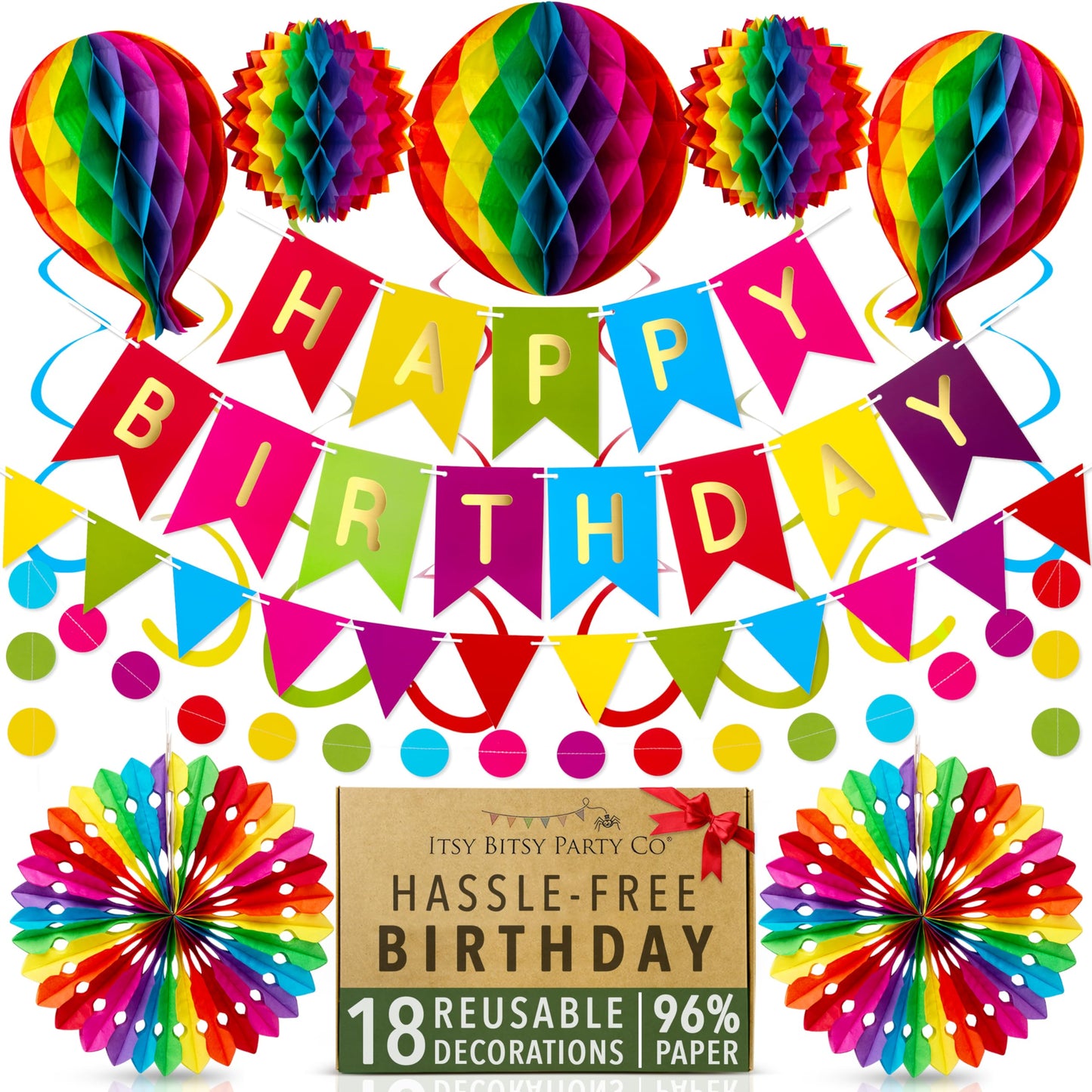 Premium Reusable Birthday Decoration Set - Honeycomb Paper Party Decorations, Happy Birthday Banner, Bunting, Streamers - Decor for Girls, Boys, Women