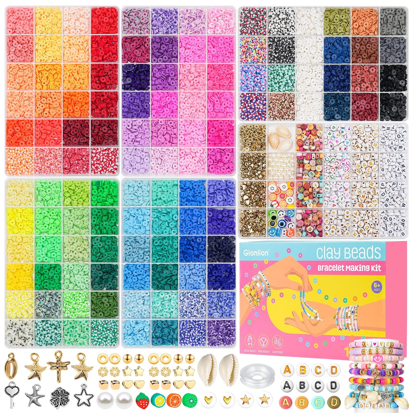 Gionlion Clay Beads 6 Boxes Bracelet Making Kit, 120 Colors Clay Beads for Jewelry Making, Letter Beads for Friendship Bracelets DIY Arts and Crafts