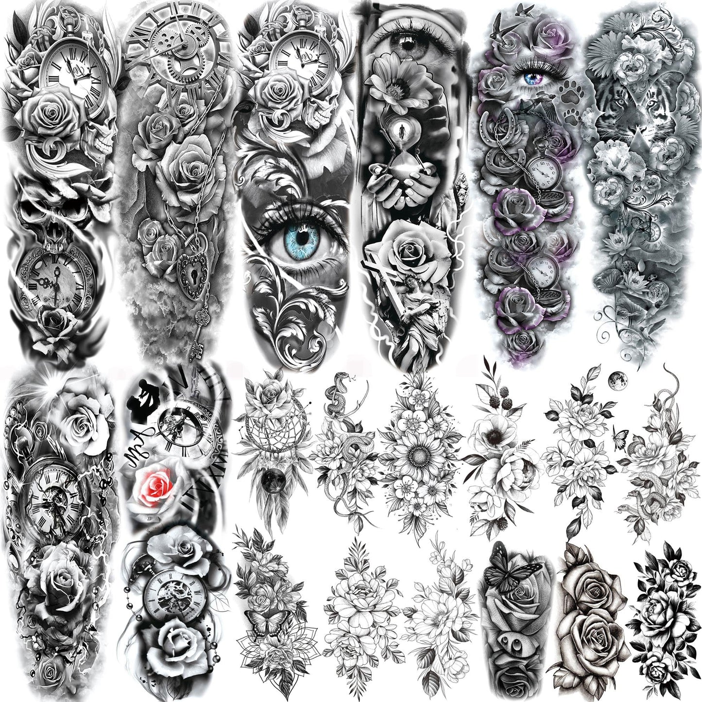 20 Sheets Sexy Rose Flower Full Arm Temporary Tattoos For Women Adults Thigh, Black Tribal Eye Gear Peony Florals Eye Compass Clock Fake Sleeve