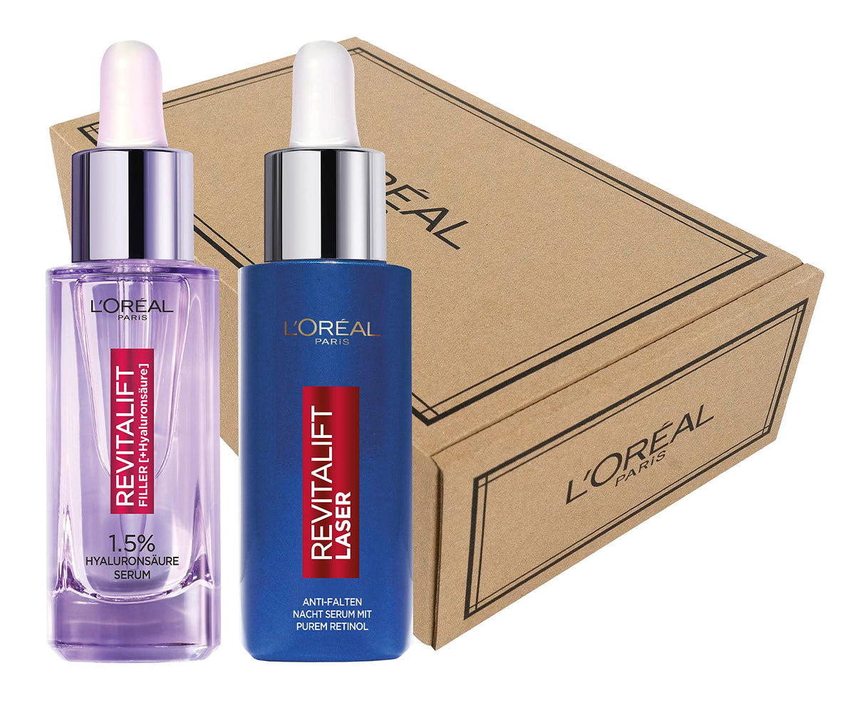 L'Or?al Skin Expert Hyaluronic Acid & Retinol Serum Duo Set, Day To Night Serum Gift Set, 2 x 30 ml