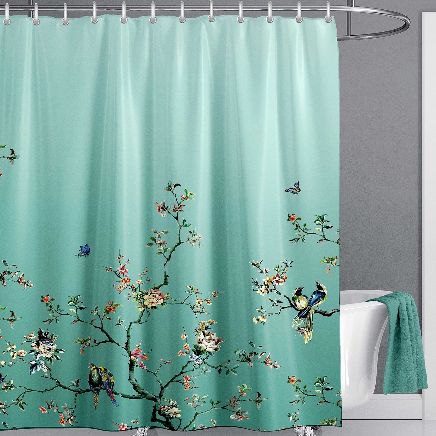 LIVETTY Green Bird Floral Shower Curtain 180cm ? 180cm Mould Proof Butterfly Fabric Bathroom curtain For Women & Men With 12 Hooks Washable