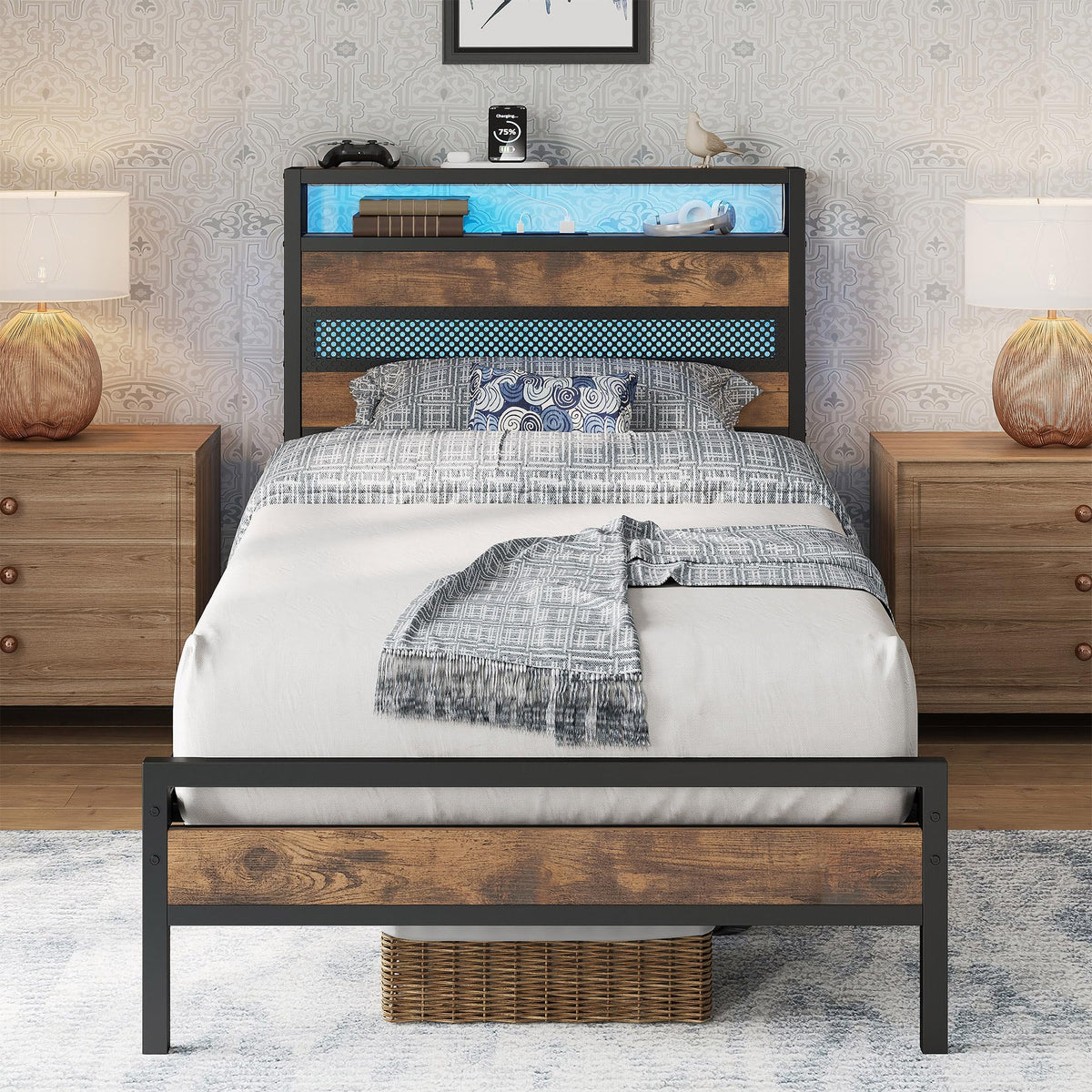 IRONCK 3ft Single Bed Frame with Storage Headboard and Charging Station/LED Lights, Metal Platform Bed Frame Single, Reinforced Strong Support Leg,
