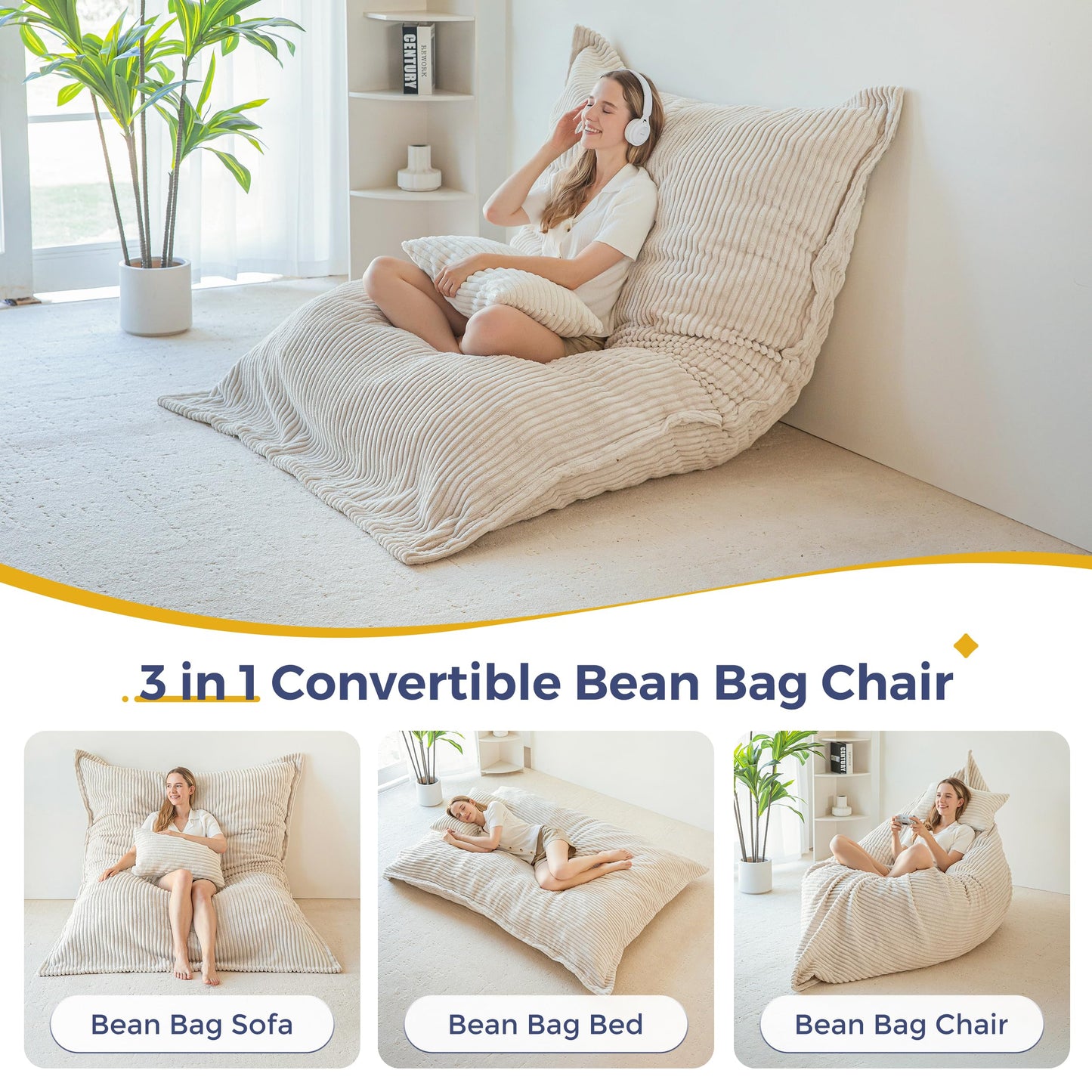 MAXYOYO Giant Bean Bag with Pillow, Soft Corduroy Removable Cover, Large Floor Cushion with Fluffy Foam Filling, BeanBag Chair for Adults & Kids