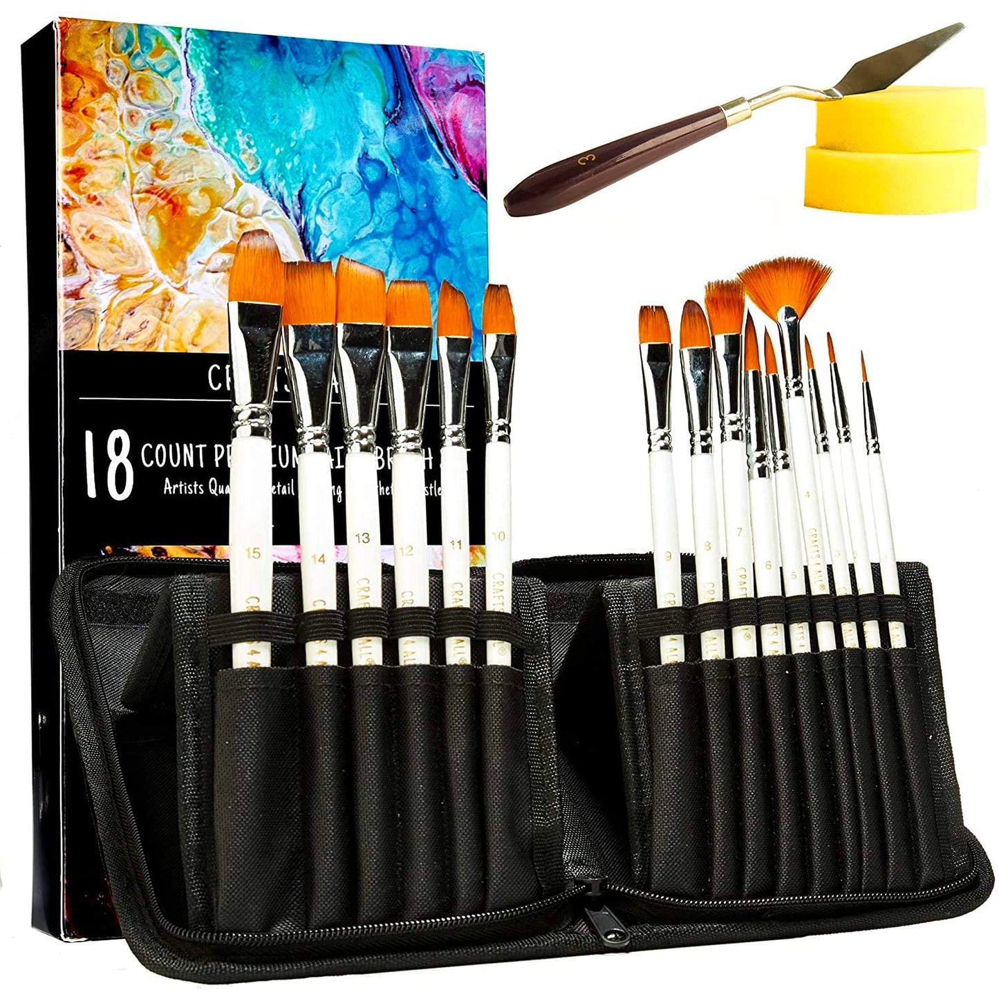 Crafts 4 All Acrylic Paint Brushes - Pack of 18 Professional, Wide and Fine Tip, Nylon Hair Artist Paintbrushes - Paintbrush Bulk Set for Watercolor,