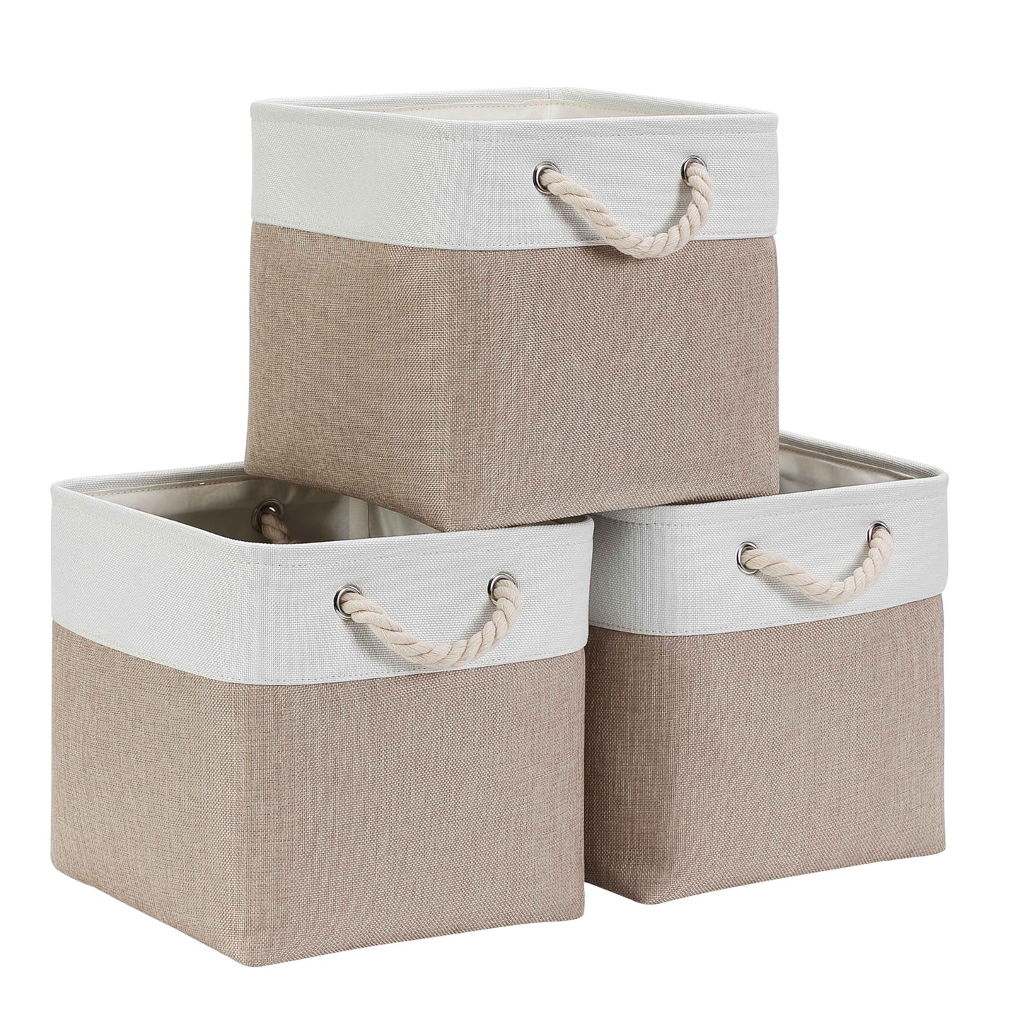 Mangata Cube Storage Boxes 33x33x33cm, Fabric Storage Basket for Cupboards, Shelves, Closet, Light Khaki White?13 x 13 inch, 3 Pack?