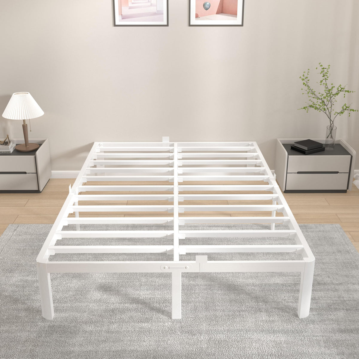 KVLKBV Double Bed Frame 140 x 190 cm, White Bed Frame with Metal Anti-slip Gasket and Large Storage Space Under Bed - Suitable for Bedroom, Guest Room