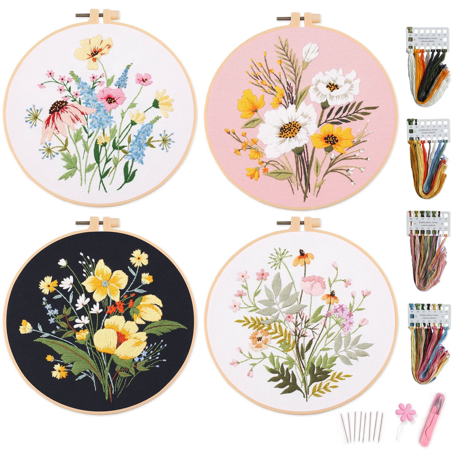Myfilicity Embroidery kit, 4 Floral Pattern Embroidery Material Set, Including 4* Embroidery Fabric with pre-Printed Pattern, 4* Threads, 1* Hoop,