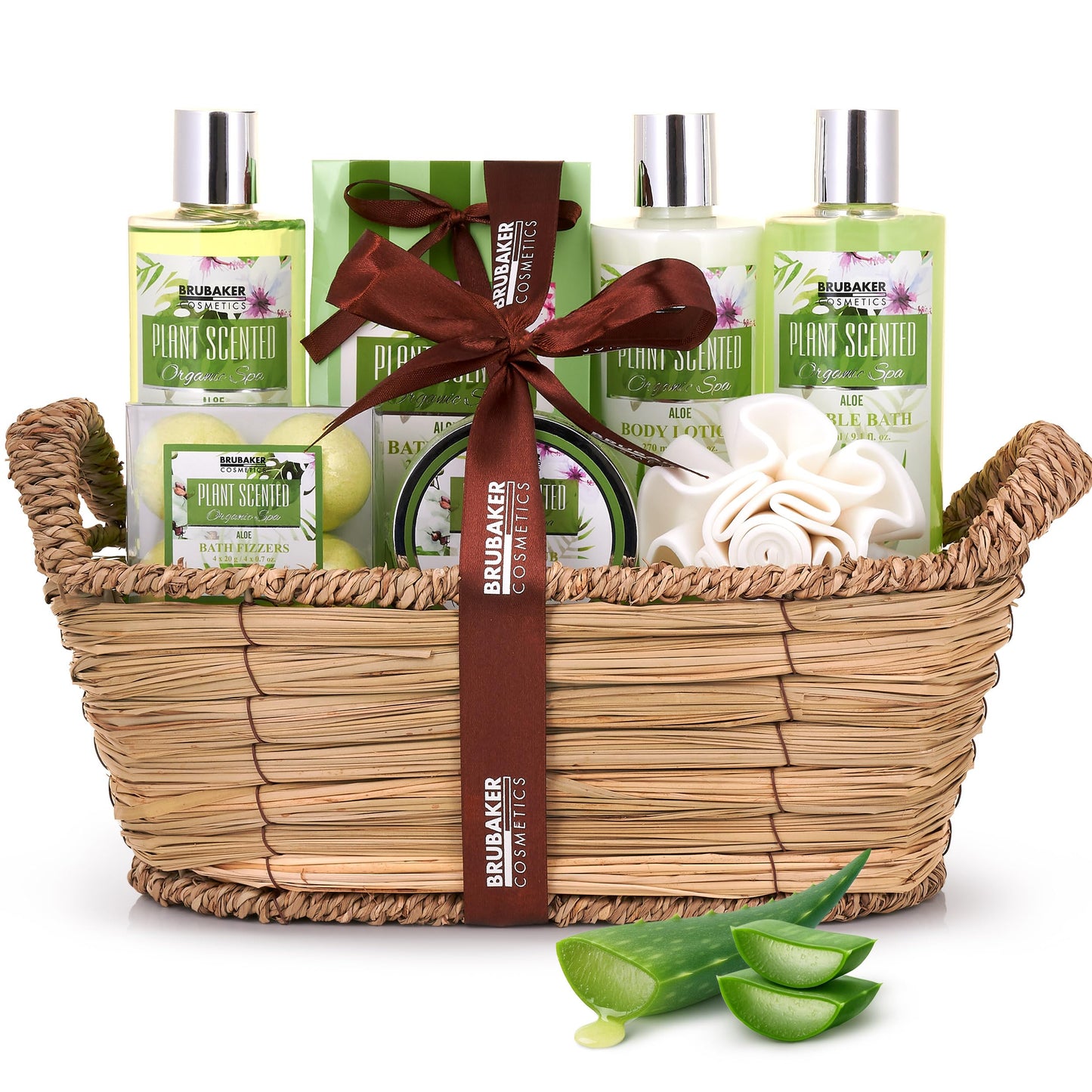 BRUBAKER Cosmetics Bath and Shower Set Aloe Vera - 11-Piece Gift Set in Wicker Basket