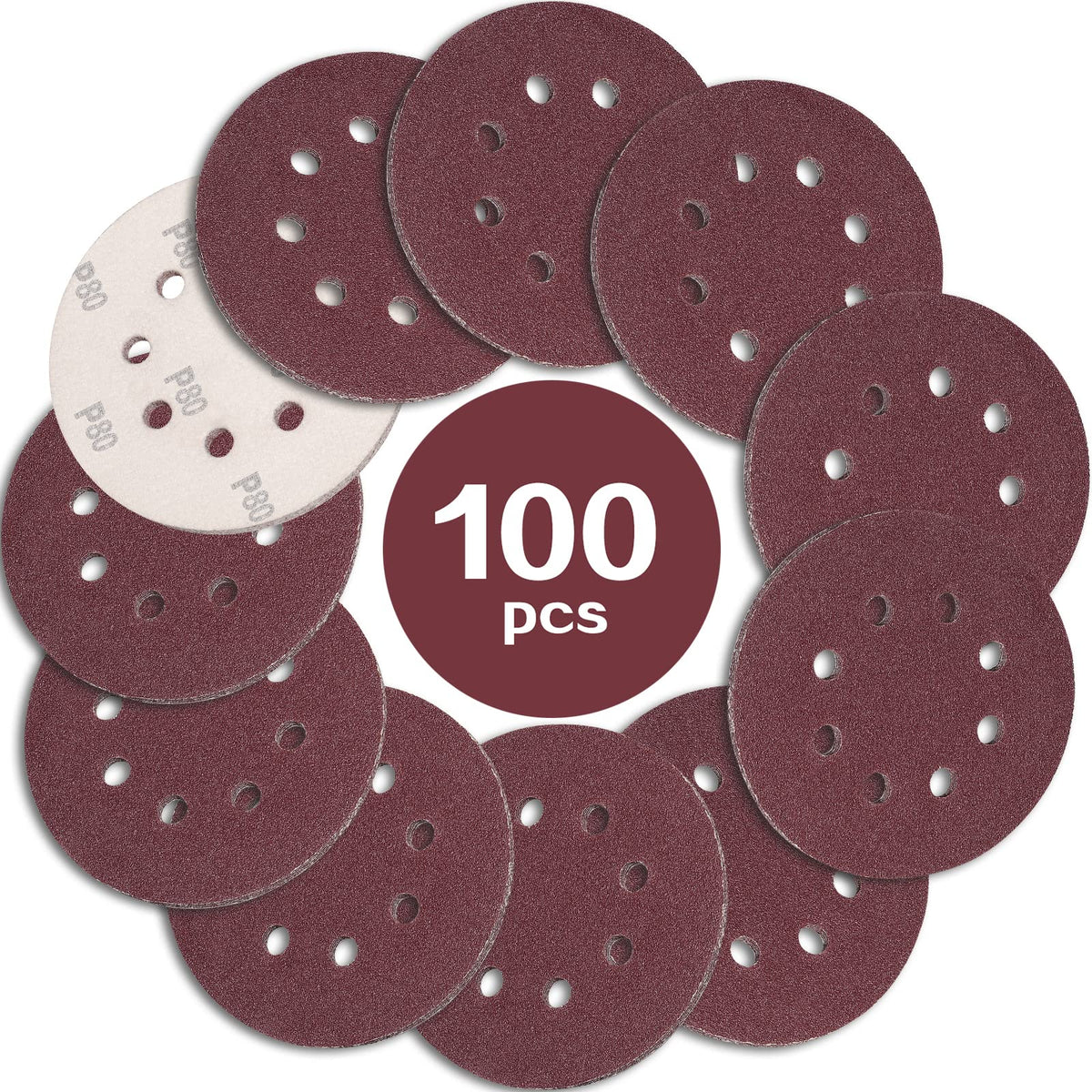STEBRUAM 100PCS 125mm Sanding Discs 80 Grit, 5 Inch 8 Hole Hook and Loop Sanding Pads for Random Orbital Sander
