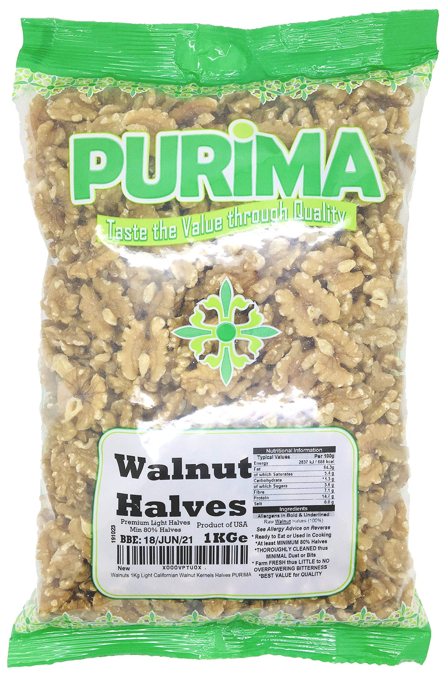 Walnuts Fresh Extra Light Natural Whole Large Premium Californian Raw Walnut Halves USA PURIMA (1kg BULK Packaging)