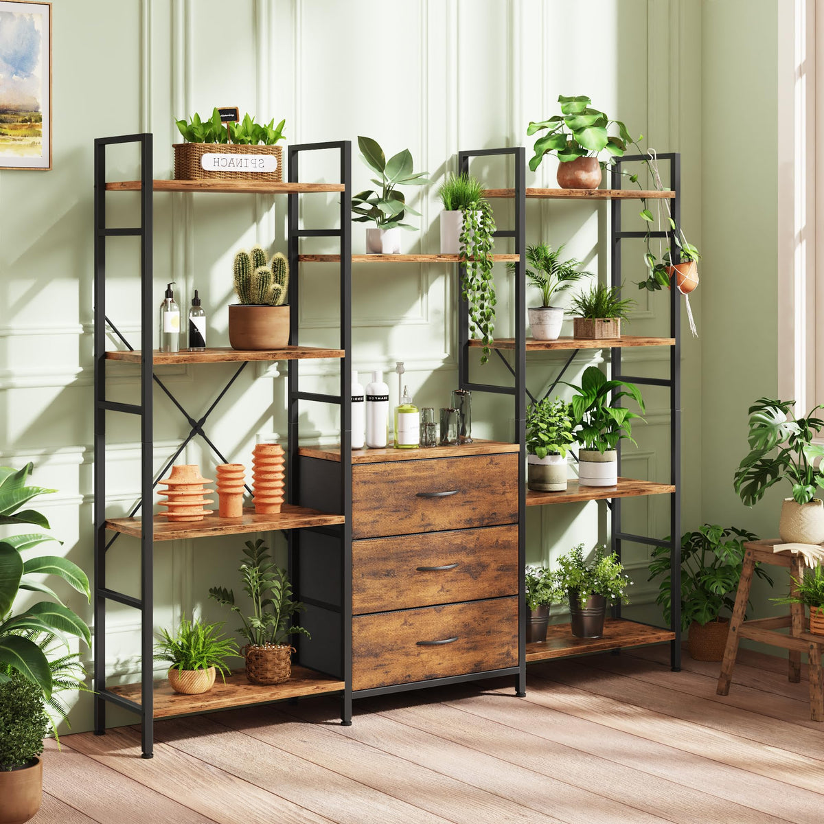 OYRREU 4-Tier Bookcase with Drawers, 150cm Wide Rustic Brown Shelving Unit