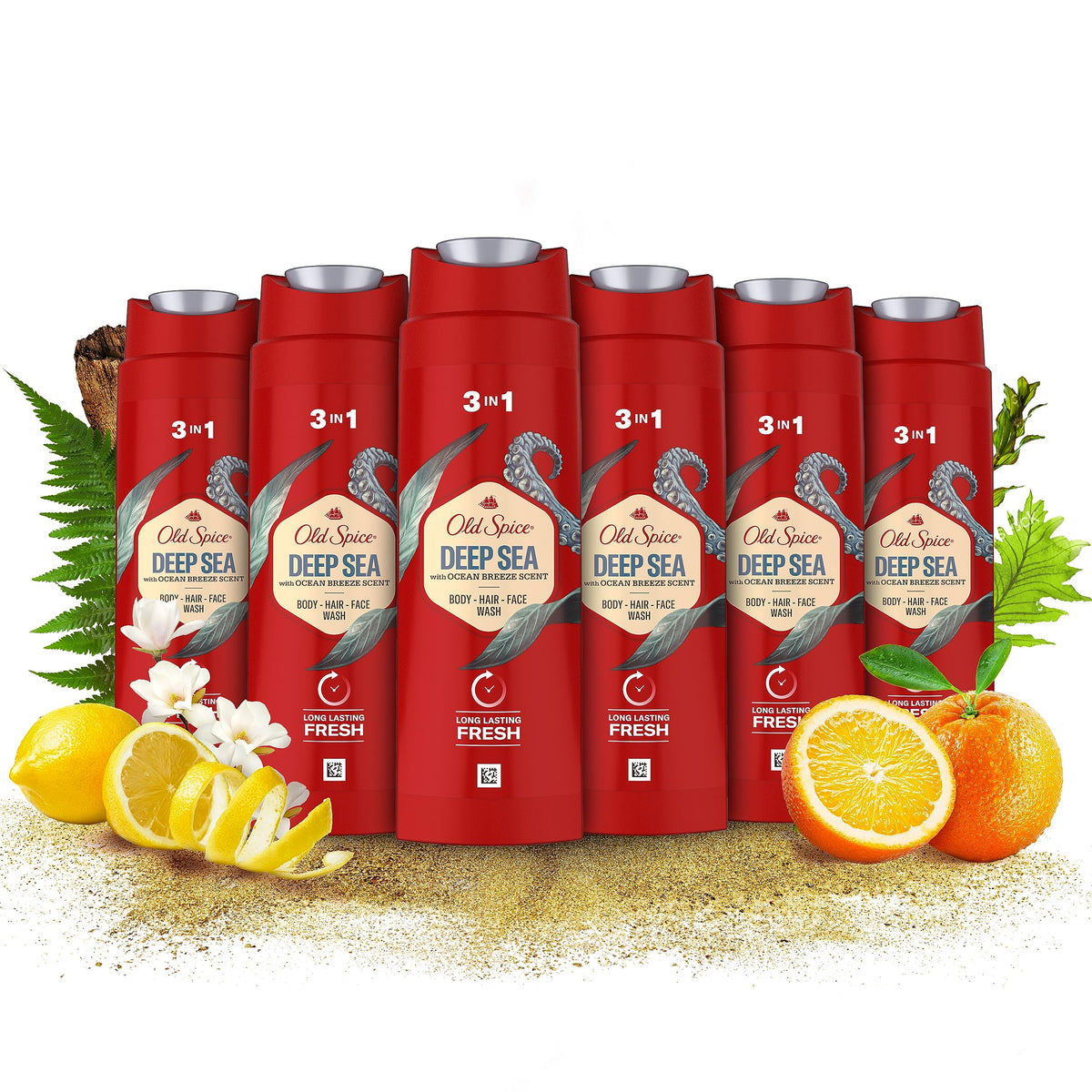 Old Spice Deep Sea Men?s Shower Gel & Shampoo 250ml Multi-Use 3-in-1 Hair-Face-Body Wash, Long Lasting Fresh, Perfume Quality Scent, Pack of 6