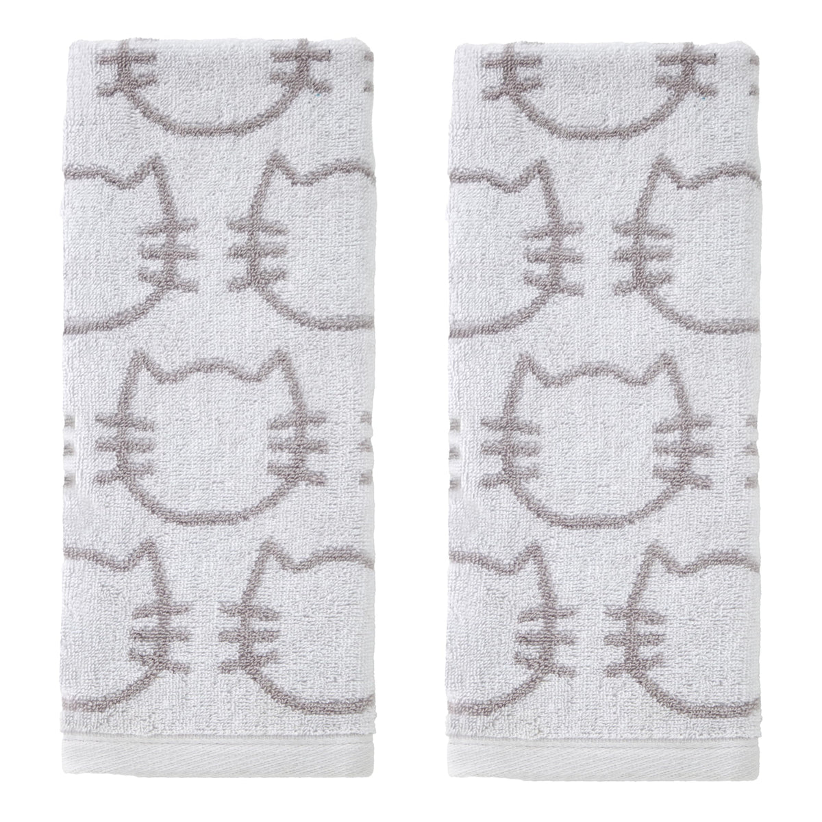 SKL Home Cat Hand Towel 2pc Set for Bath/Kitchen/Bar & Gift, White/Gray