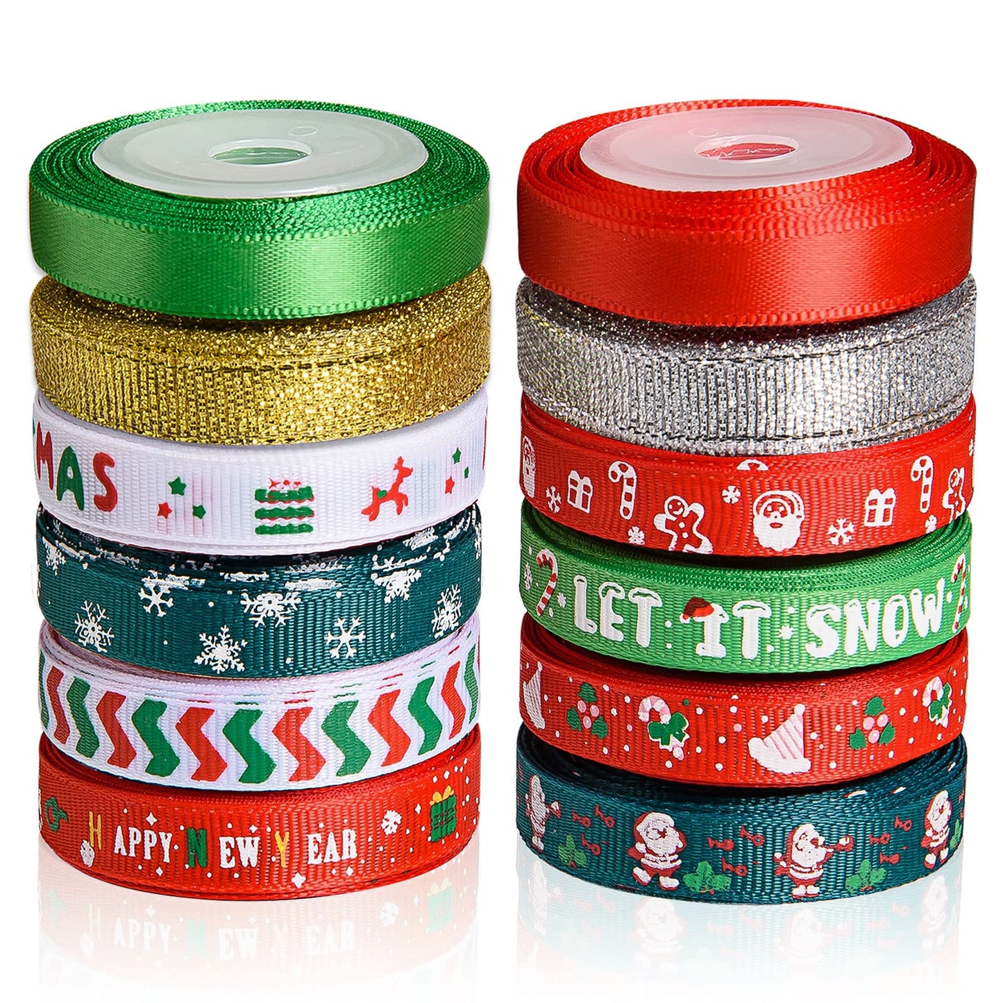 SANNIX 12 Rolls 60 Yard Christmas Ribbon for Gift Wrapping, 3/8 Inch Snowflake Santa Christmas Wrapping Ribbon Printed Grosgrain Satin Holiday Ribbons