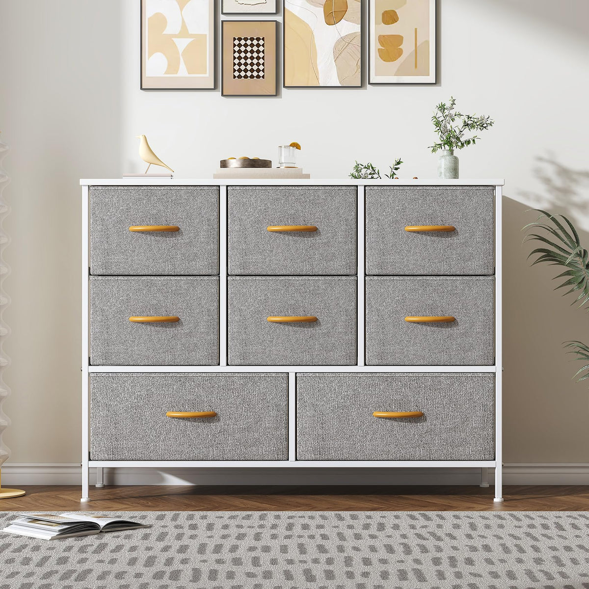 Feonase Chest of Drawers,Bedroom Dresser with 8 Fabric Drawers, Metal Frame & MDF Wood Top, Adjustable Feet, Storage Organizer Unit for Bedroom,