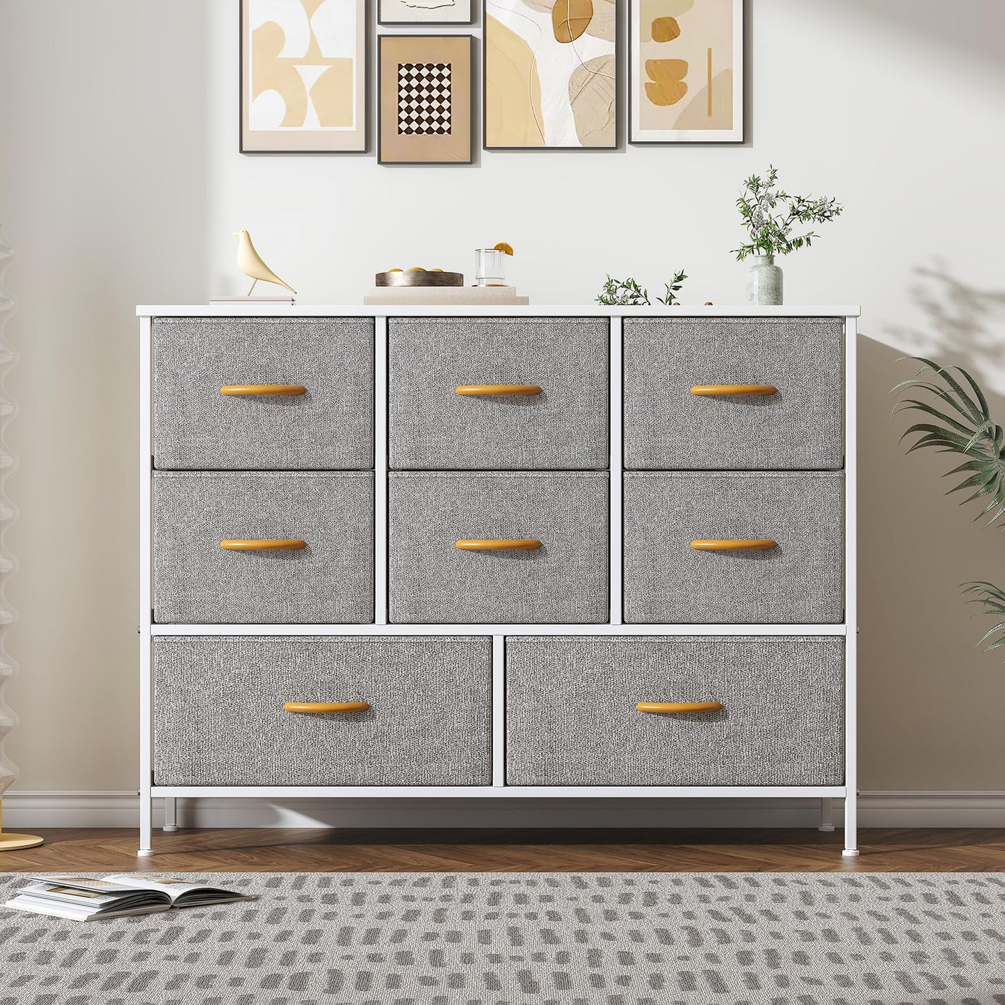 Feonase Chest of Drawers,Bedroom Dresser with 8 Fabric Drawers, Metal Frame & MDF Wood Top, Adjustable Feet, Storage Organizer Unit for Bedroom,