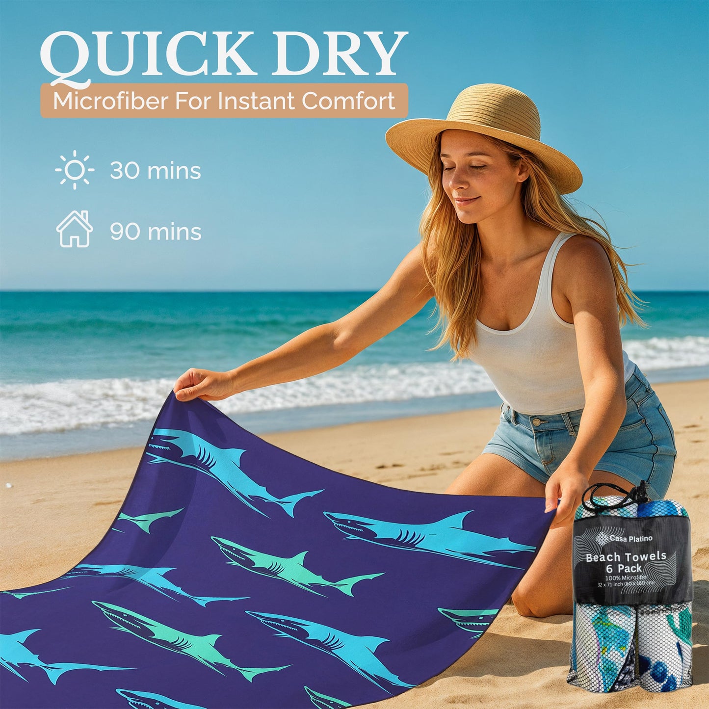 Casa Platino Beach Towels 6-Pack Extra Large – 32"x71" Sand-Free, Quick-Dry & Lightweight – Double-Sided Printed Pool