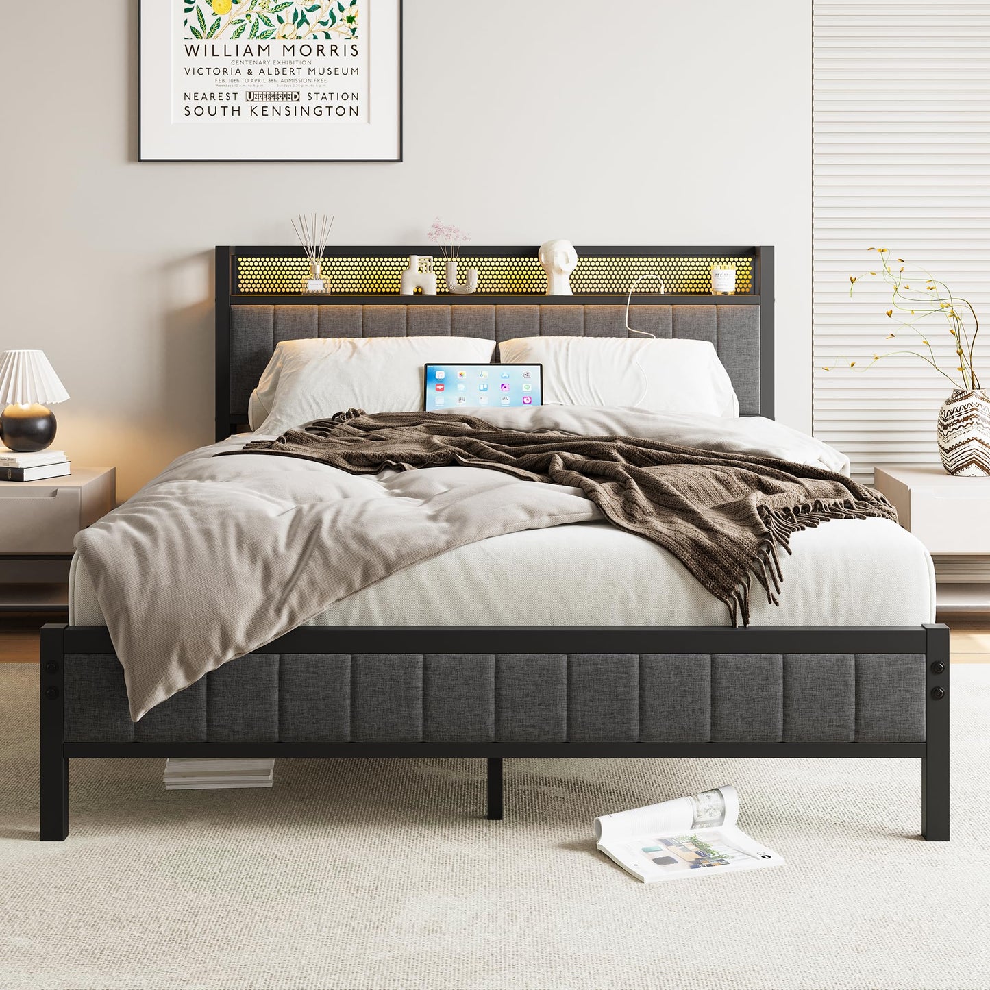 BORPHOM King Size Bed Frame with Storage Wooden Headboard,Charging Station,LED Lights,Metal Platform Upholstered Bed Frame King Size Bed Base with