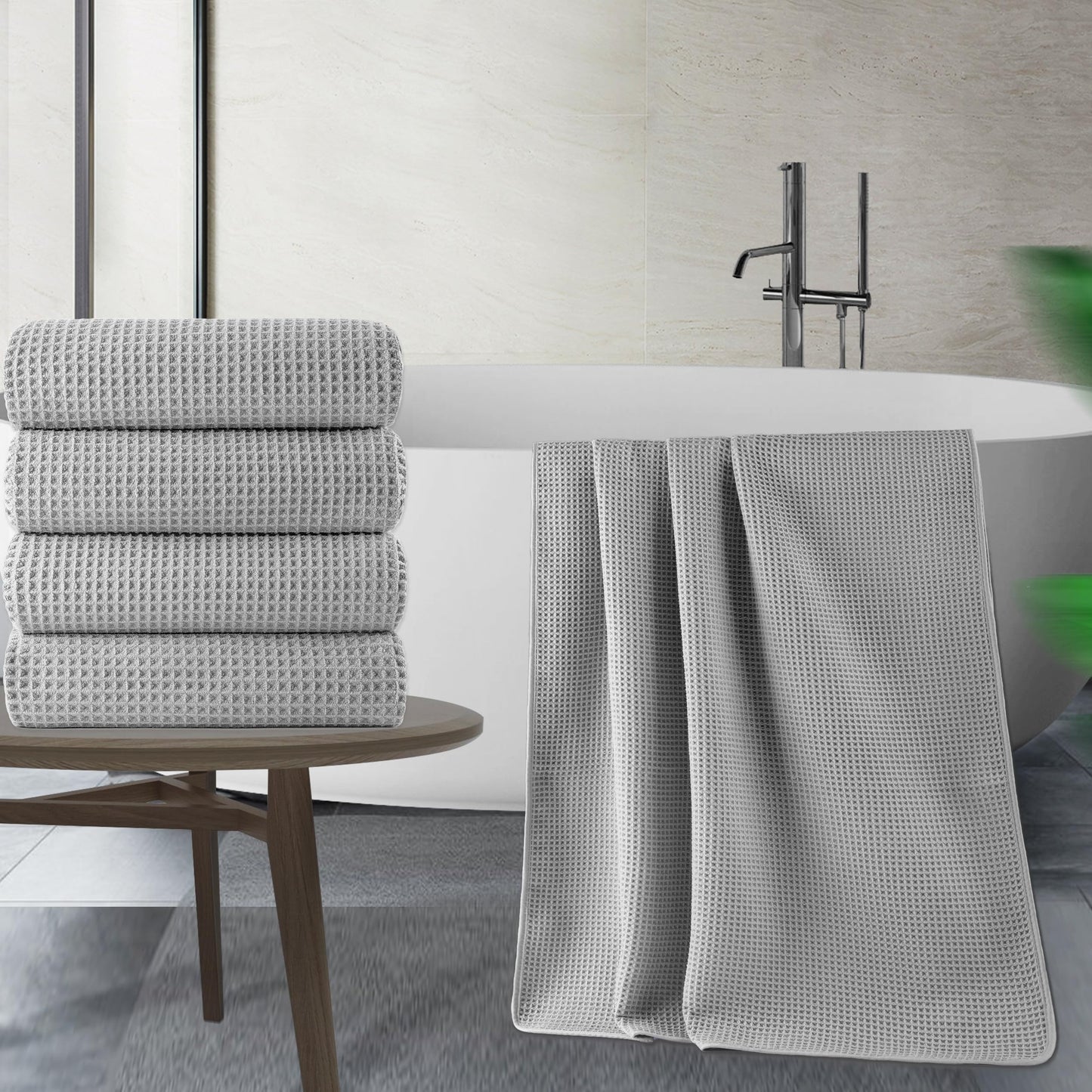 POLYTE Microfibre Oversize Quick Dry Lint Free Bath Towel, 152 x 76 cm, 4 Pack (Light Grey, Waffle Weave)