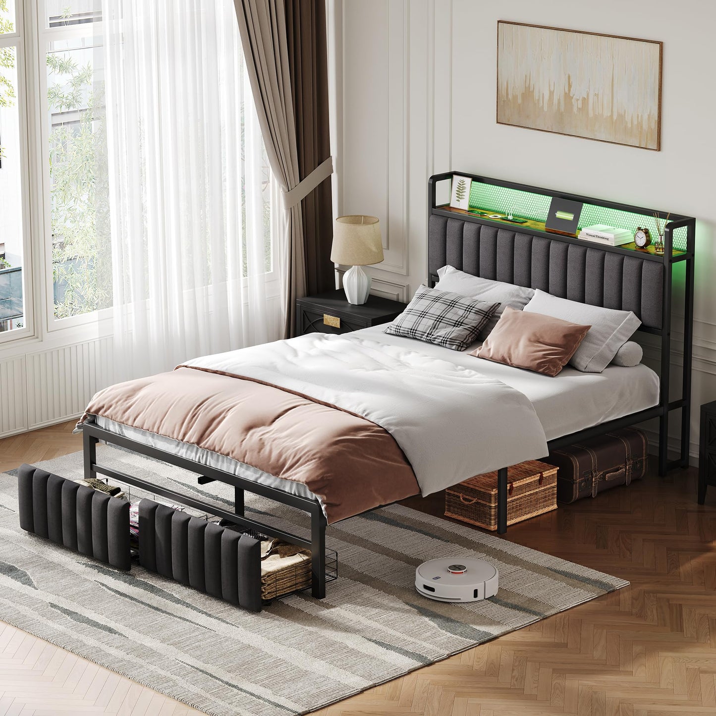 Besbed Double Bed Frame with 2 Storage Drawers, Wooden Storage Headboard Shelf with LED-Light & UPS-Port. Metal Bed for Adults and Teenagers, No