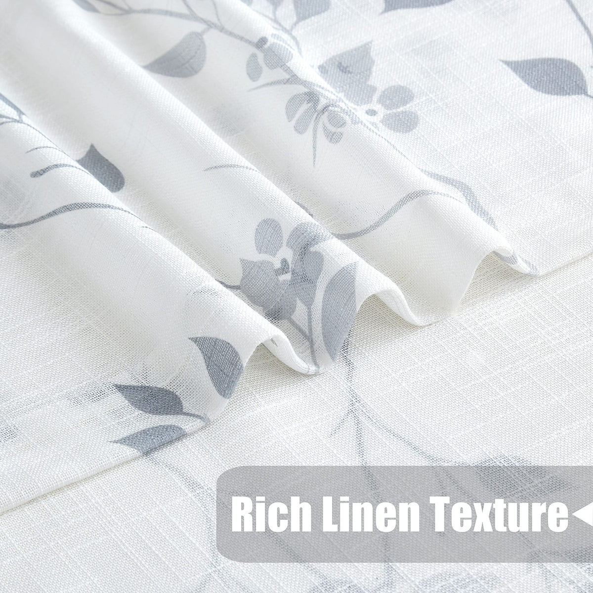 Beauoop Grey Semi Sheer Floral Curtains for Living Room 90 Drop Linen Textured Farmhouse Curtains for Bedroom Leaf Printed Eyelet Rustic Drapes Window