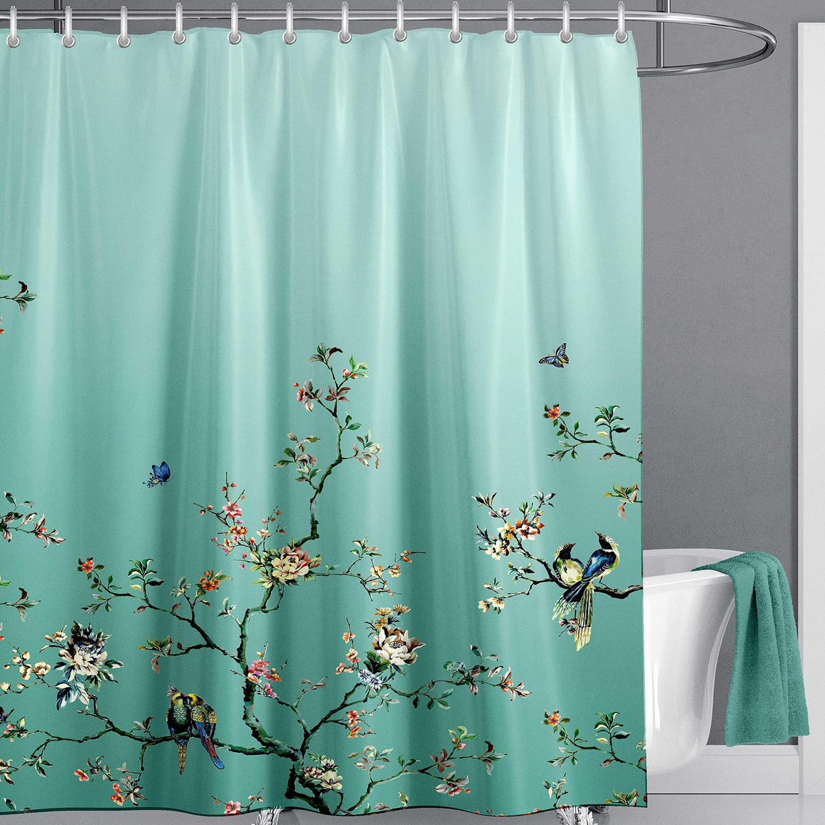 LIVETTY Ombre Green Bird Extra Long Shower Curtain 200cm ? 200cm Drop Floral Butterfly Fabric Bathroom Mould Proof Spring Washable Shower Curtain With