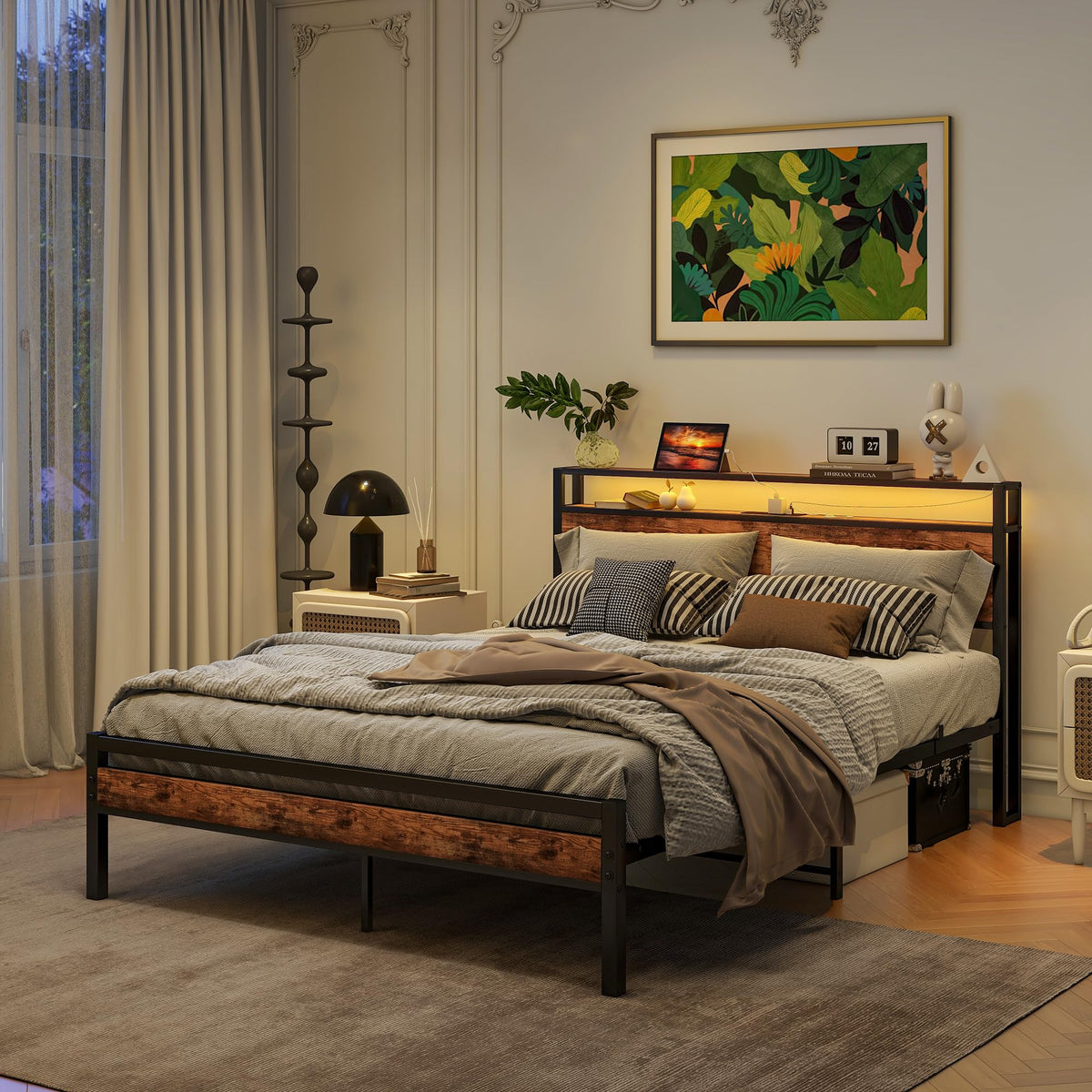 BORPHOM King Size Bed Frame with Storage and LED Lights,Charging Station,Metal Bed Frame King size Bed Base,Mattress Foundation,UnderBed