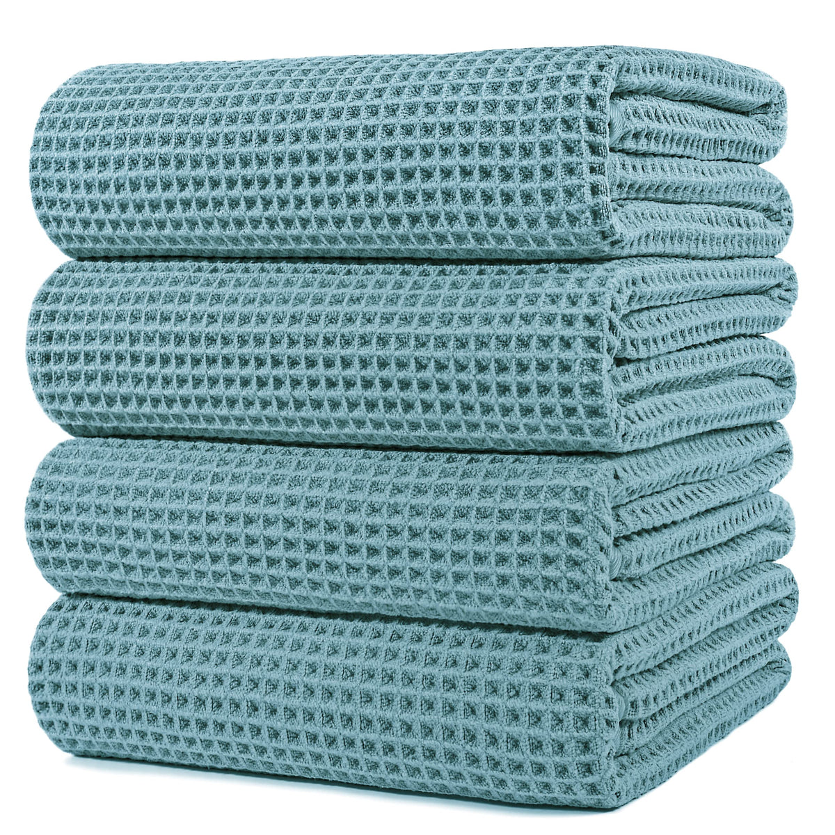 POLYTE Microfibre Oversize Quick Dry Lint Free Bath Towel, 152 x 76 cm, 4 Pack (Green, Waffle Weave)