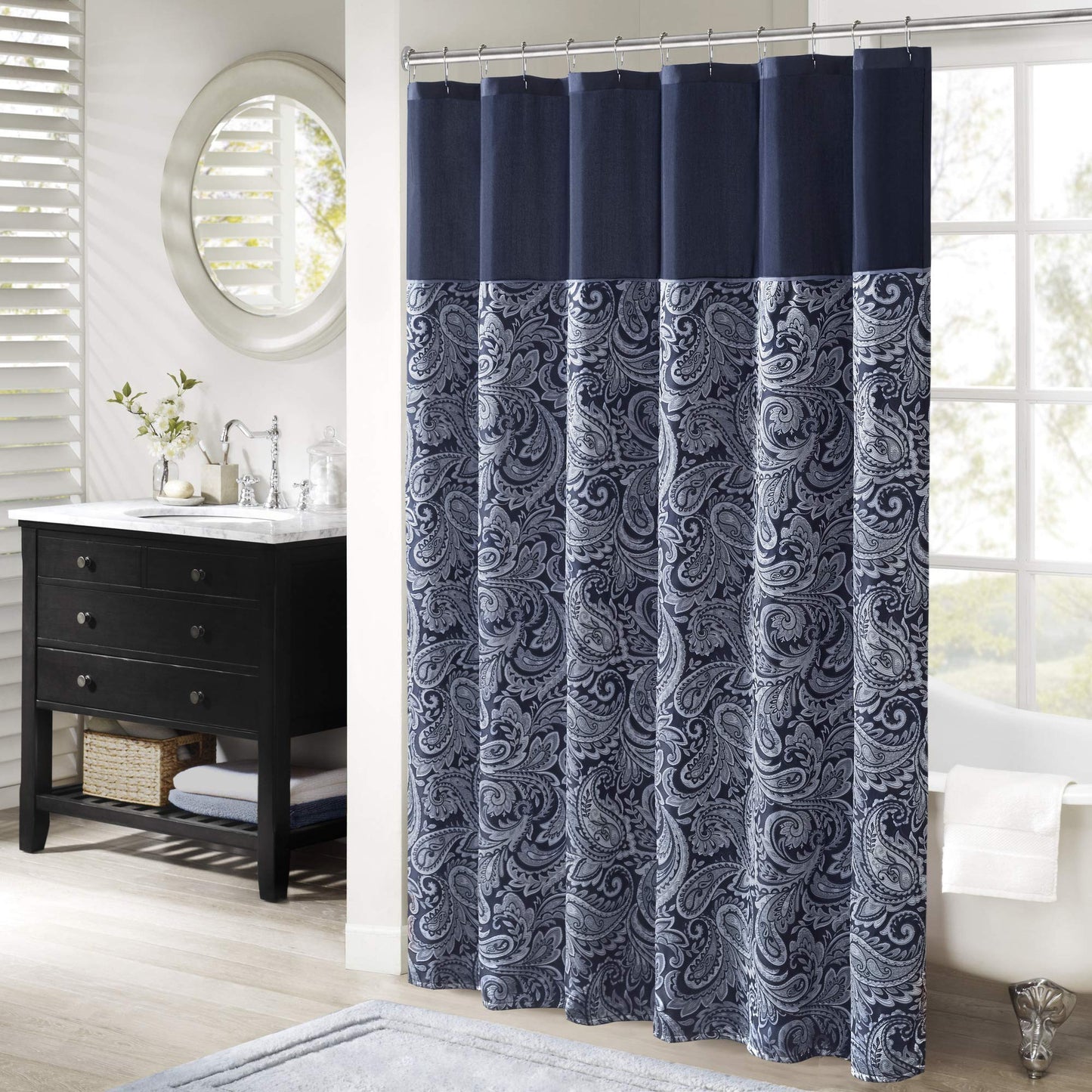 Madison Park Aubrey Shower Curtain Paisley Jacquard Pieced Microfiber Faux Silk Modern Home Bathroom Decorations Bathtub Privacy Screen, Decorative