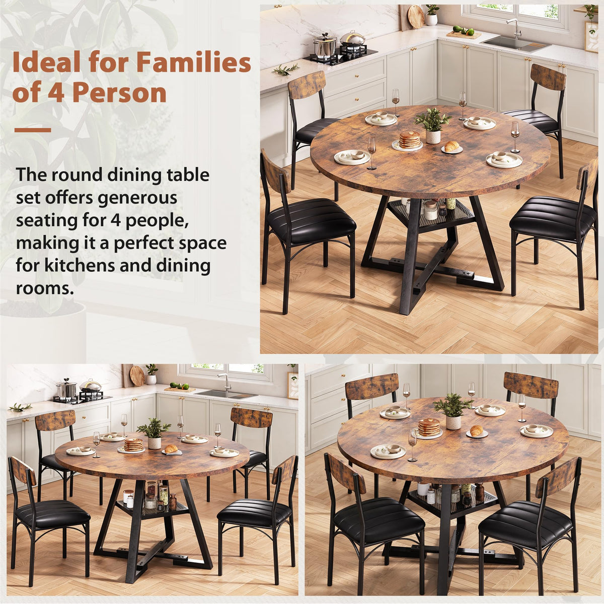 Jocoevol Round Dining Table and 4 Chairs Set of 4, Circle Dinner Table with Shelves, Space Saving Wood Kitchen & Dining Room Furniture