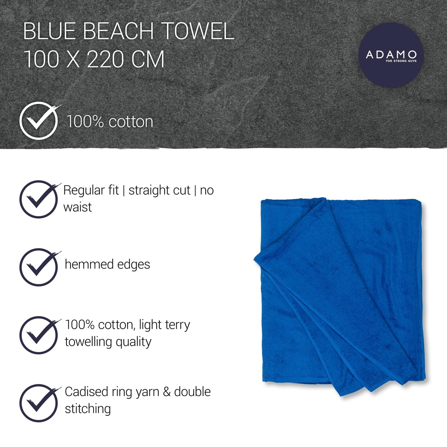 ADAMO Beach Towel XXL, Large (100 x 220 cm) Royalblau, 100% Cotton