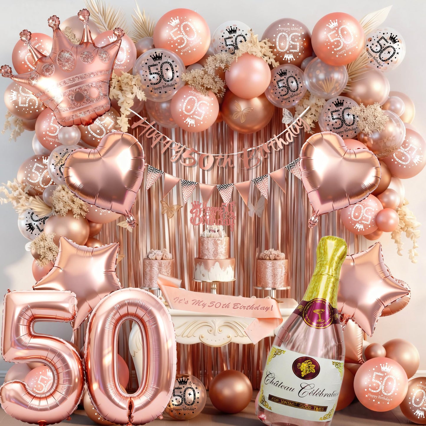 Rose Gold 50th Birthday Decoration for Women - Happy 50th Birthday Banner, Triangle Flag Banner, Number 50 Balloons, Foil Curtains for Party