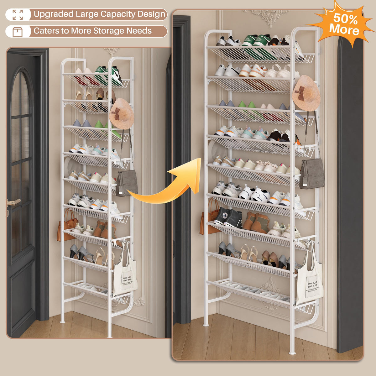 Ornestia Wall Mounted Shoe Rack,Metal Shoe Storage for Over Door,White 70cm