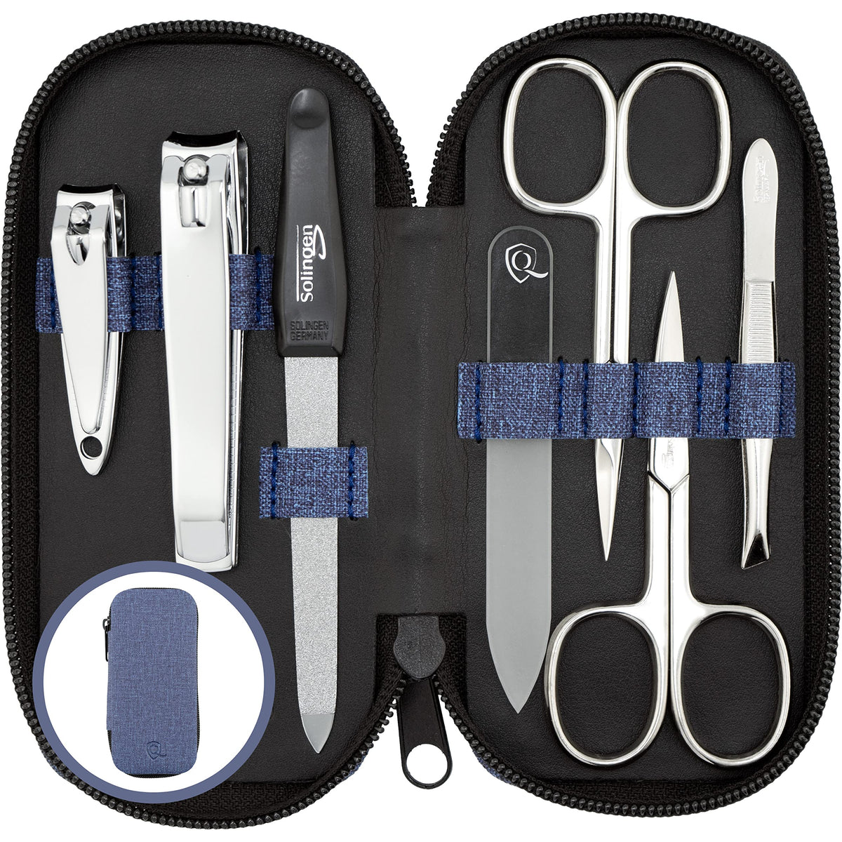 Solingen Manicure Set for Women & Men - 7-Piece Nail Kit Made in Germany with Patented Glass Nailfile - Handy and Soft Fashion Leather Case, Jeans