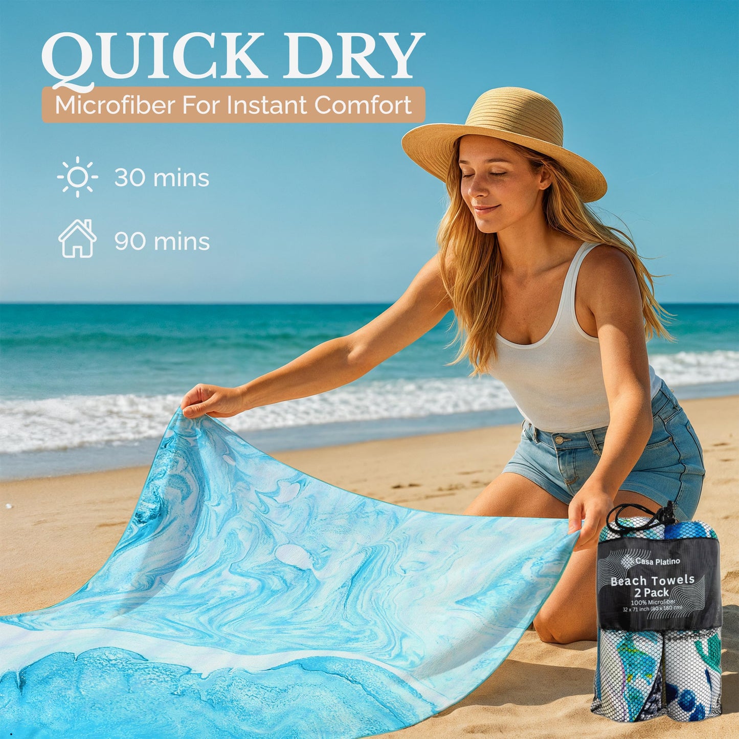Casa Platino Extra Large Microfiber Beach Towels (2-Pack, 71"x32") – Quick-Dry, Sand-Free, Lightweight & Oversized
