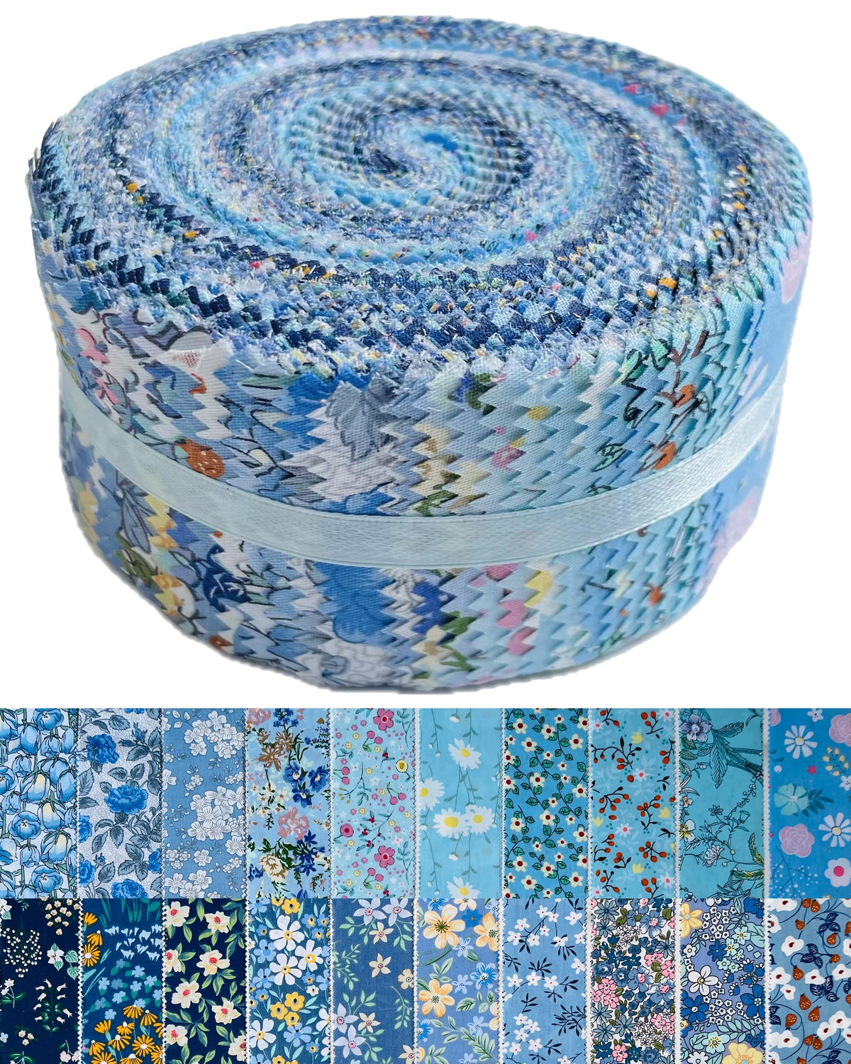 Jelly Roll Fabric 100% Cotton Quilting Fabric, 40 Pre-Cut Strips (2.5 x 44 Inch) for Quilting and Sewing - 20 Assorted Floral Prints- Blue