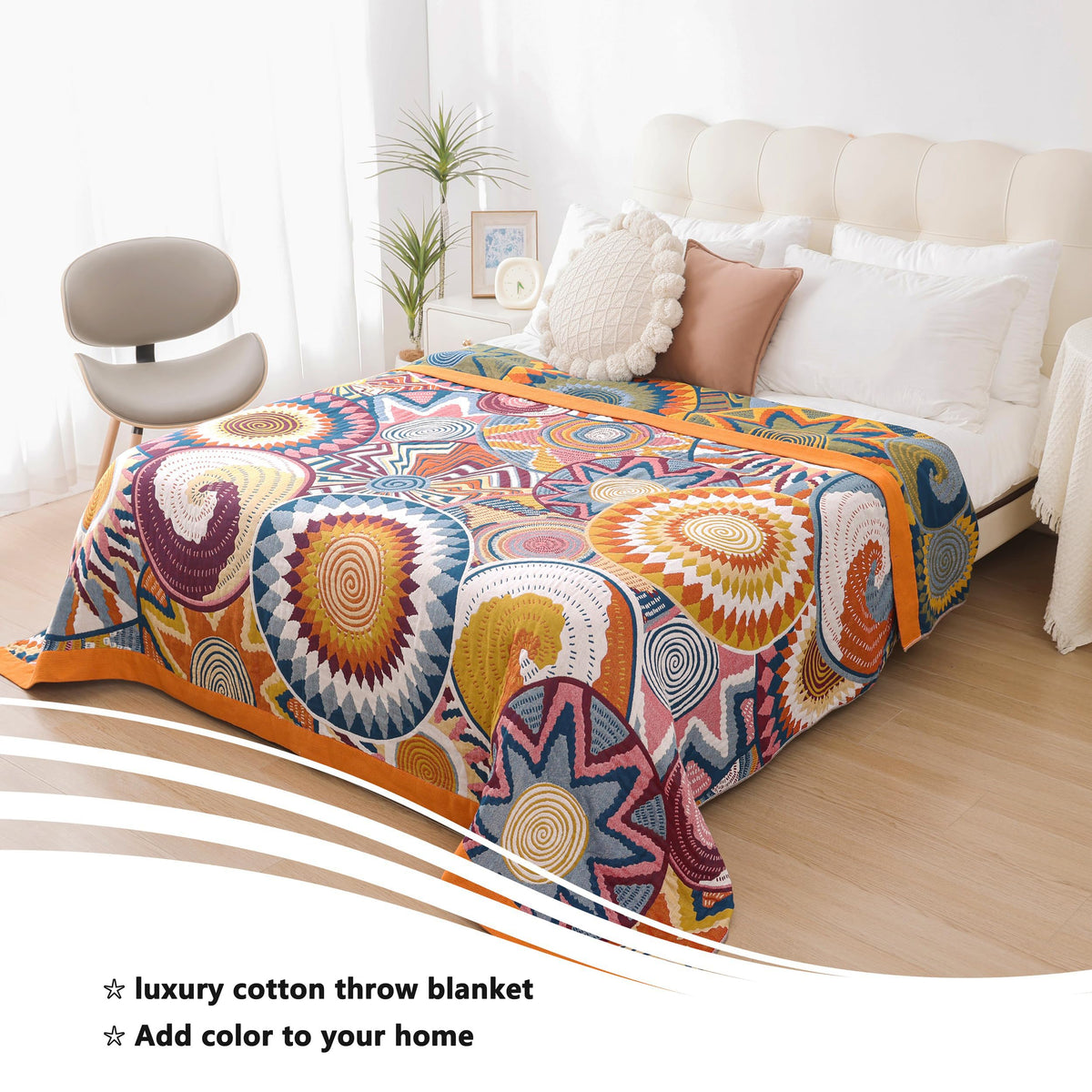 VANJOROY Double-sided Bohemian Sofa Large Throw Blanket for 2 or 3 Seater Settees, 100% Pure Organic Cotton Boho Throw for Armchair, Sofa and Bed
