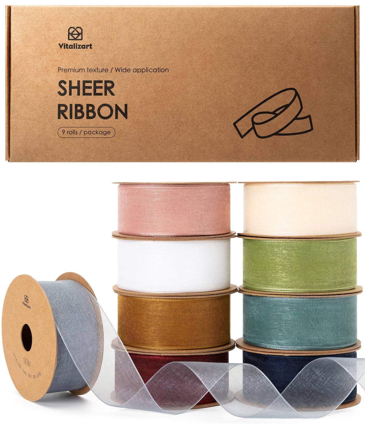 Vitalizart Organza Ribbon Mixed 9 Colours 1'' x 90YD, Sheer Fabric for Crafting 9 Rolls*10YD, Wide Gift Ribbon for Gift Wrapping, Christmas Tree,