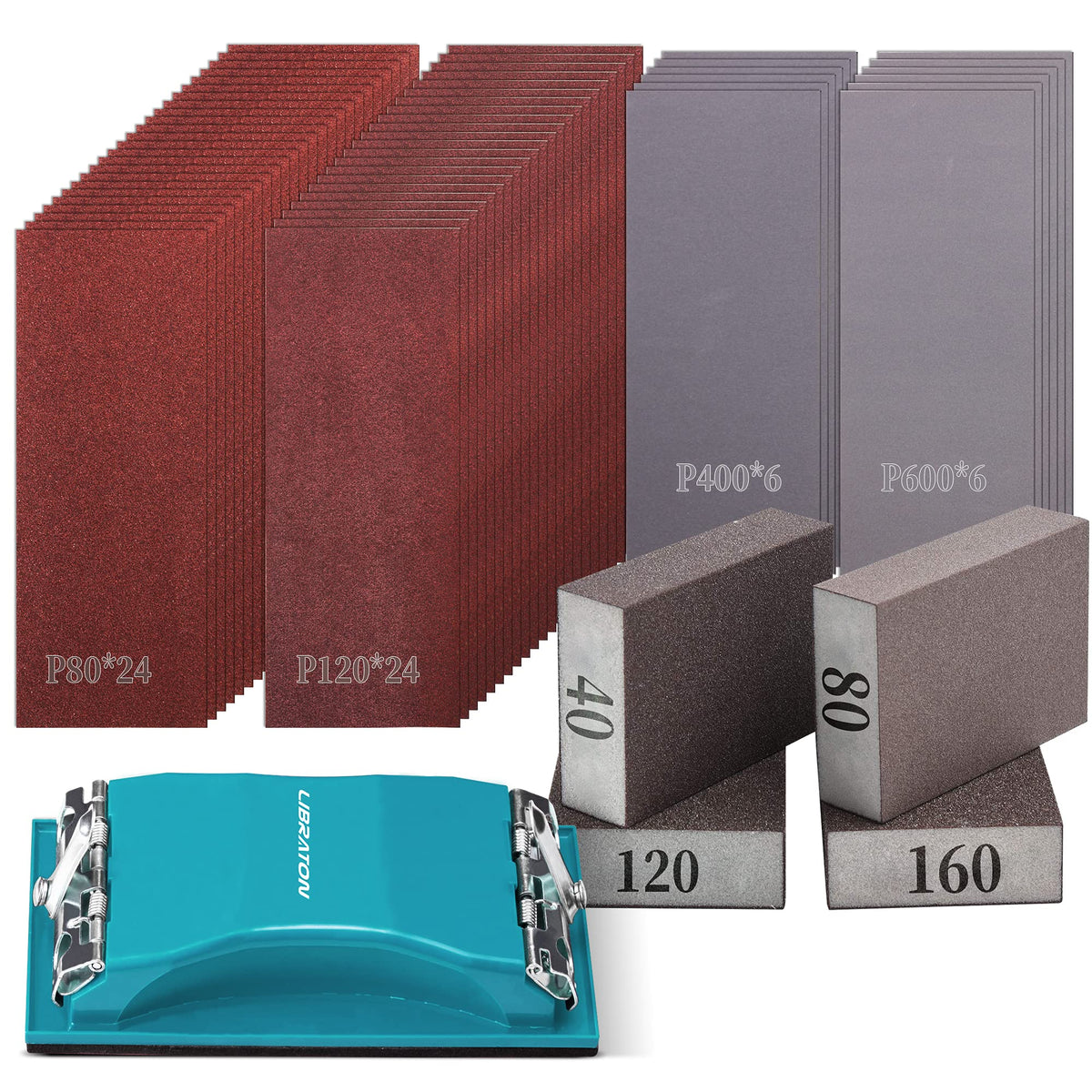 Sand Paper 65PCs, Sandpaper for Wood, 80-600 Grit Sandpaper Assortment Kit with Sanding Block, Sand Sponges 40/80/120/160 Grit, Alumina Sand Paper for